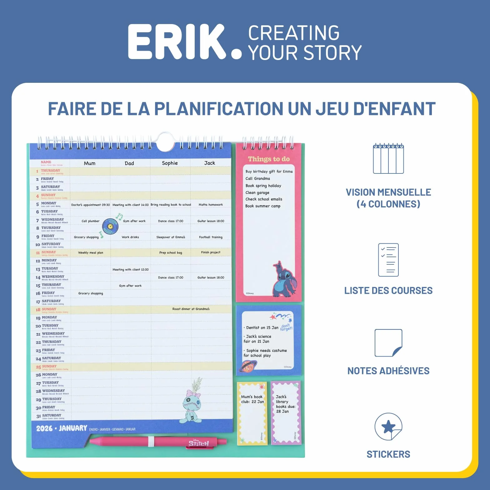 Grupo Erik Calendrier Disney Stitch 16 mois Septembre 2025 à Décembre 2026 Planificateur Mensuel Familial avec Crochet