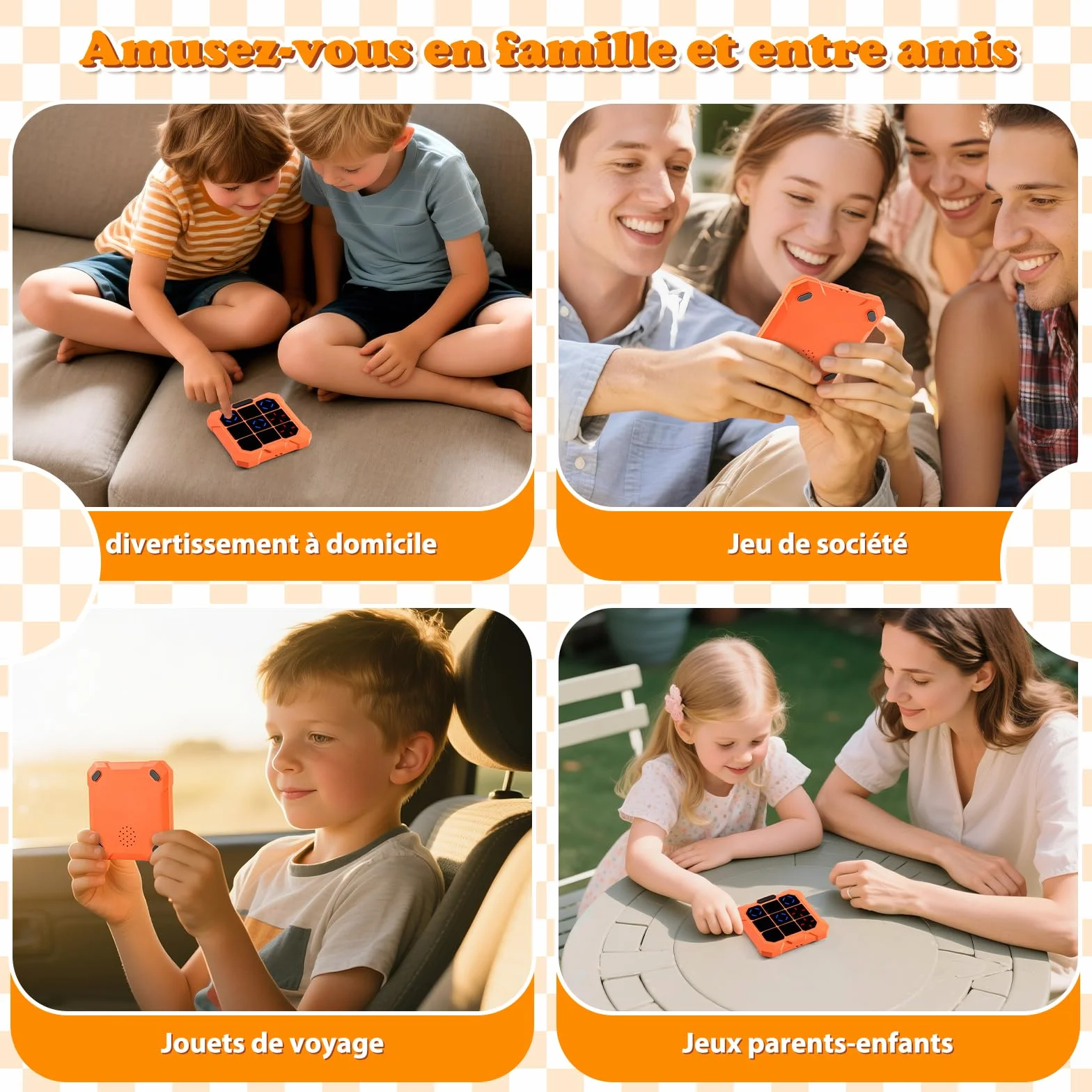 BlueSwan Morpion Électronique 6‑en‑1 Console de Jeu Portable Rechargeable avec Mode Silencieux Orange