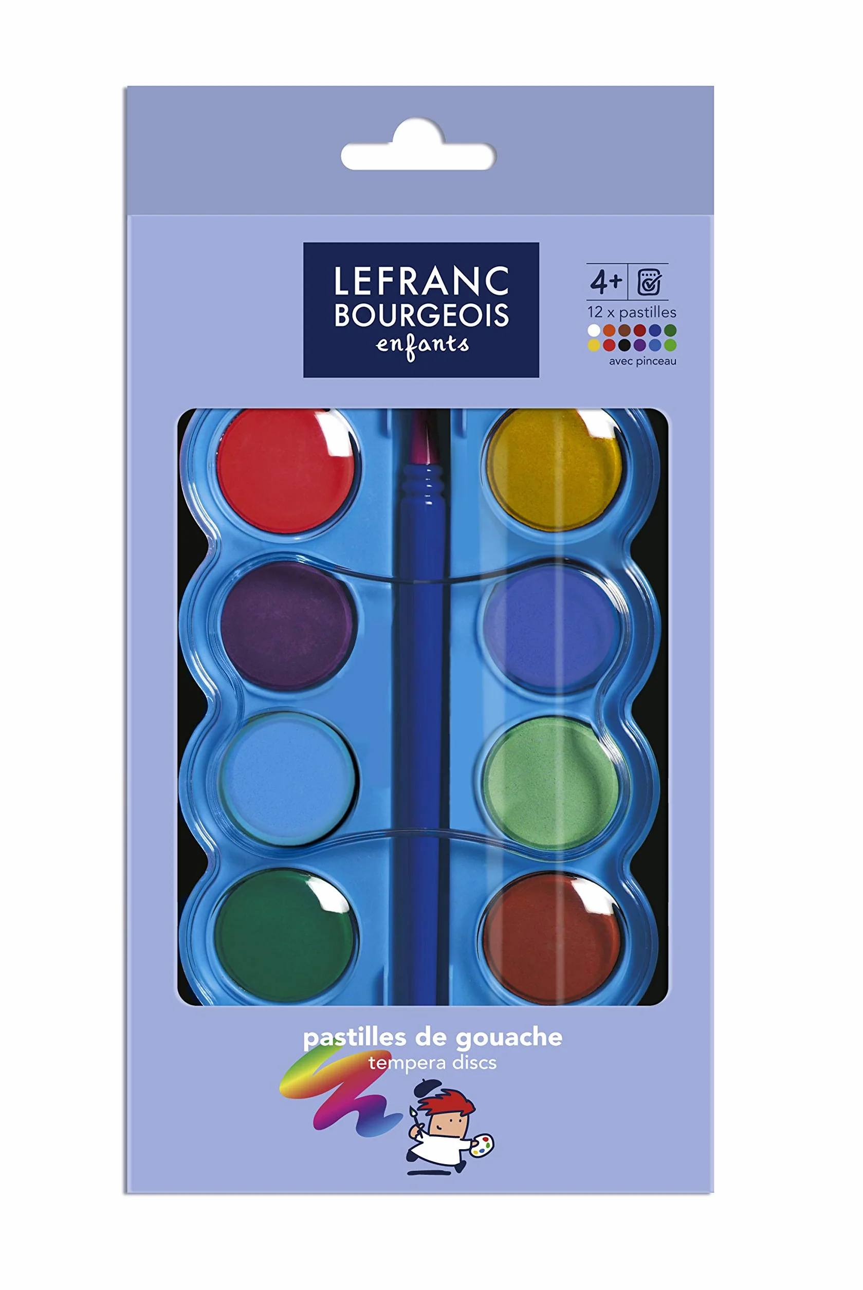 Lefranc Bourgeois Pastilles de gouache pour enfants Boîte de 12 30mm + pinceau