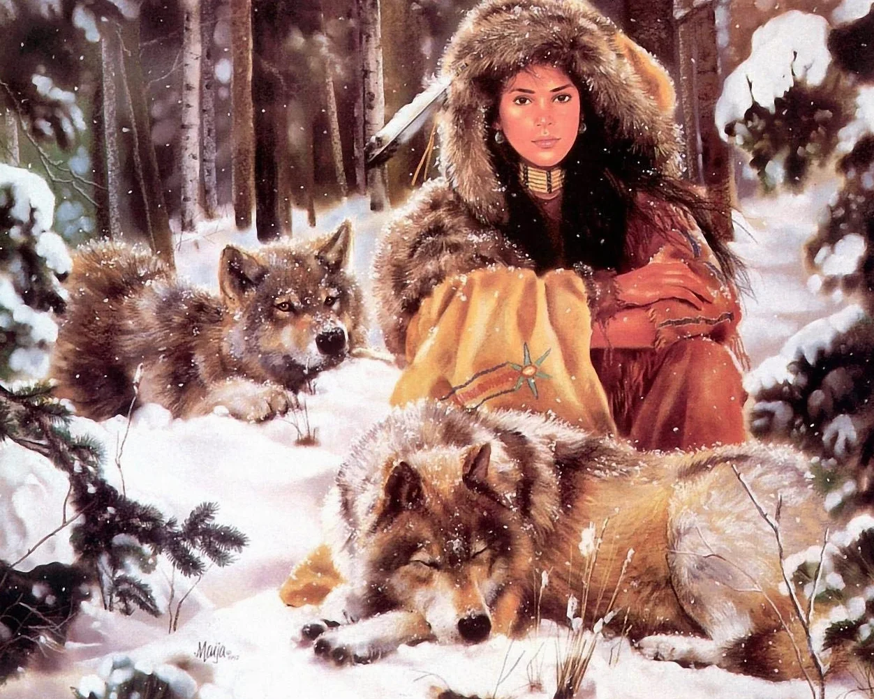 Puzzle 1500 Pièces Adultes Puzzle en Bois DIY Fille Indienne Et Loup des Neiges dans Les Bois d'hiver Puzzle en Bois Décoration Murale Domicile Art Cadeau du Festival 87x57cm