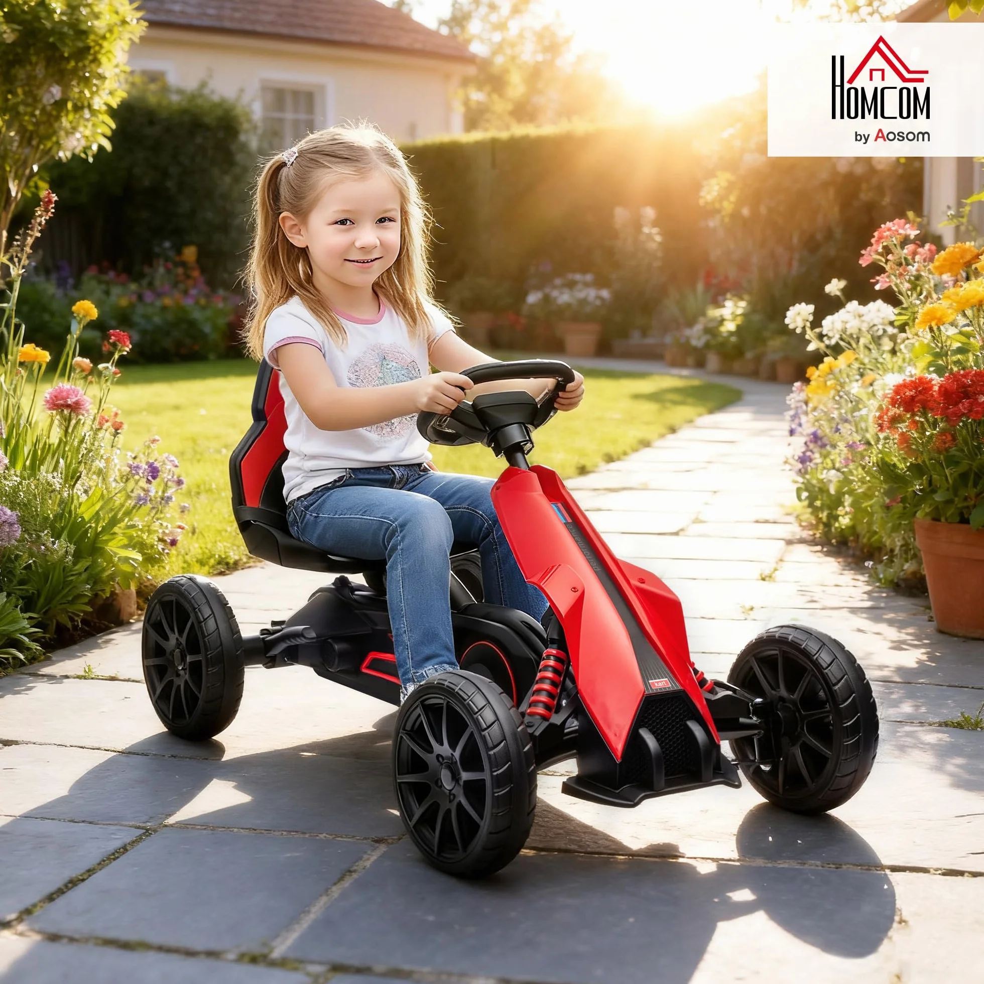 HOMCOM Kart à pédales pour Enfants, siège Ajustable 4 Positions, Roues EVA Silencieux, 100x58x58,5 cm, Rouge et Noir