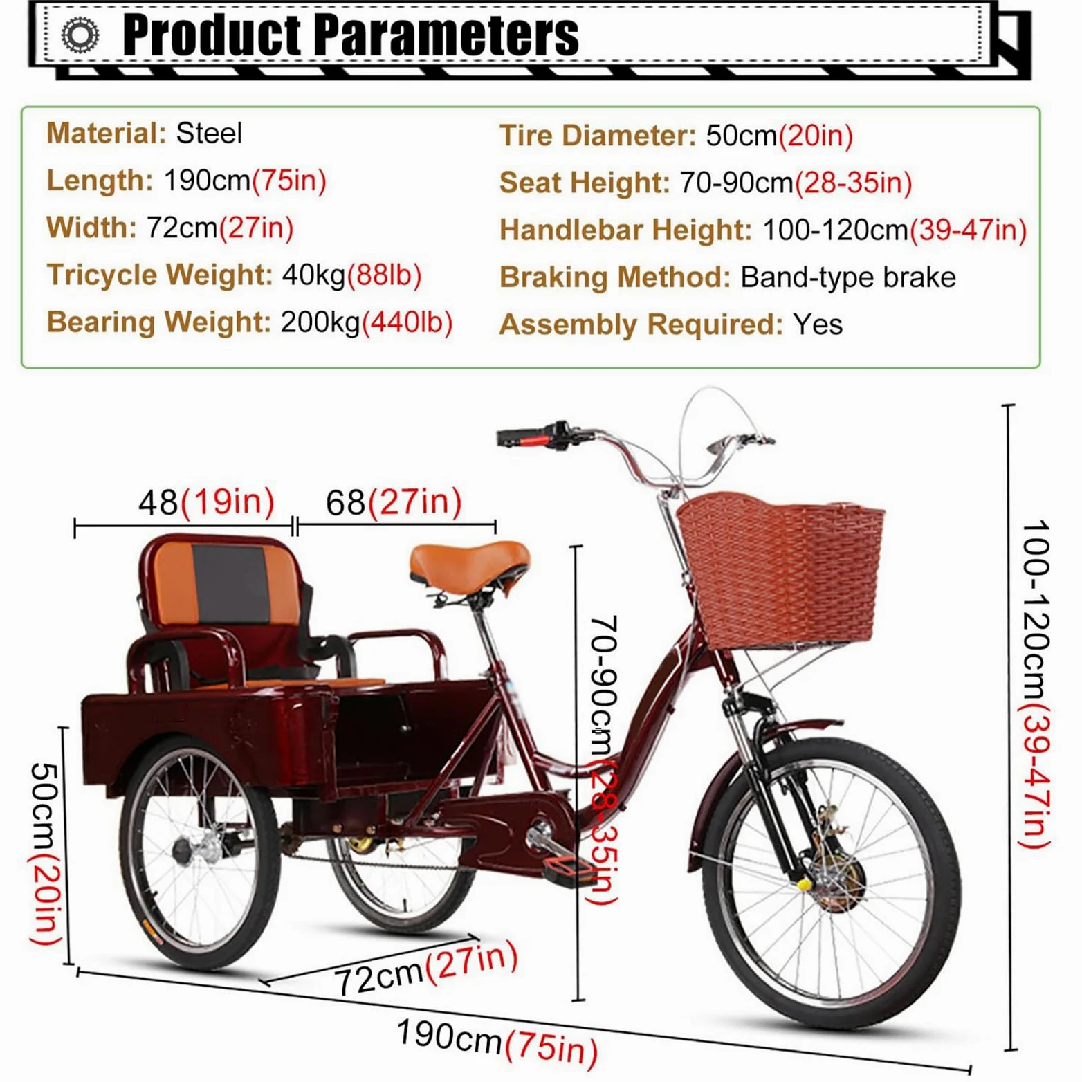 Tricycle Adulte 3 Roues 20 Pouces - Siège Passager Pliable, vélo Cruiser Confortable pour passagers et Chargement, idéal pour Le Shopping/Pique-Nique, Charge maximale 200 kg/440 lbs