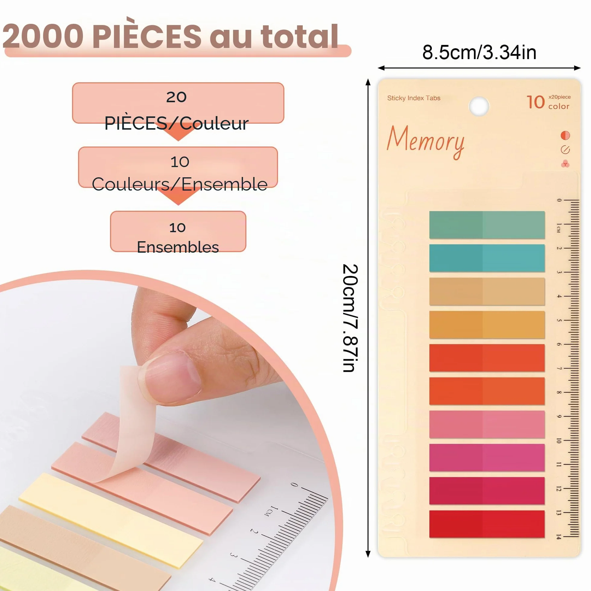 JIANTA 2000 Pièces Marque Page Adhésif, 10 Styles Index Tabs avec Règle, Bookmark Sticky Notes