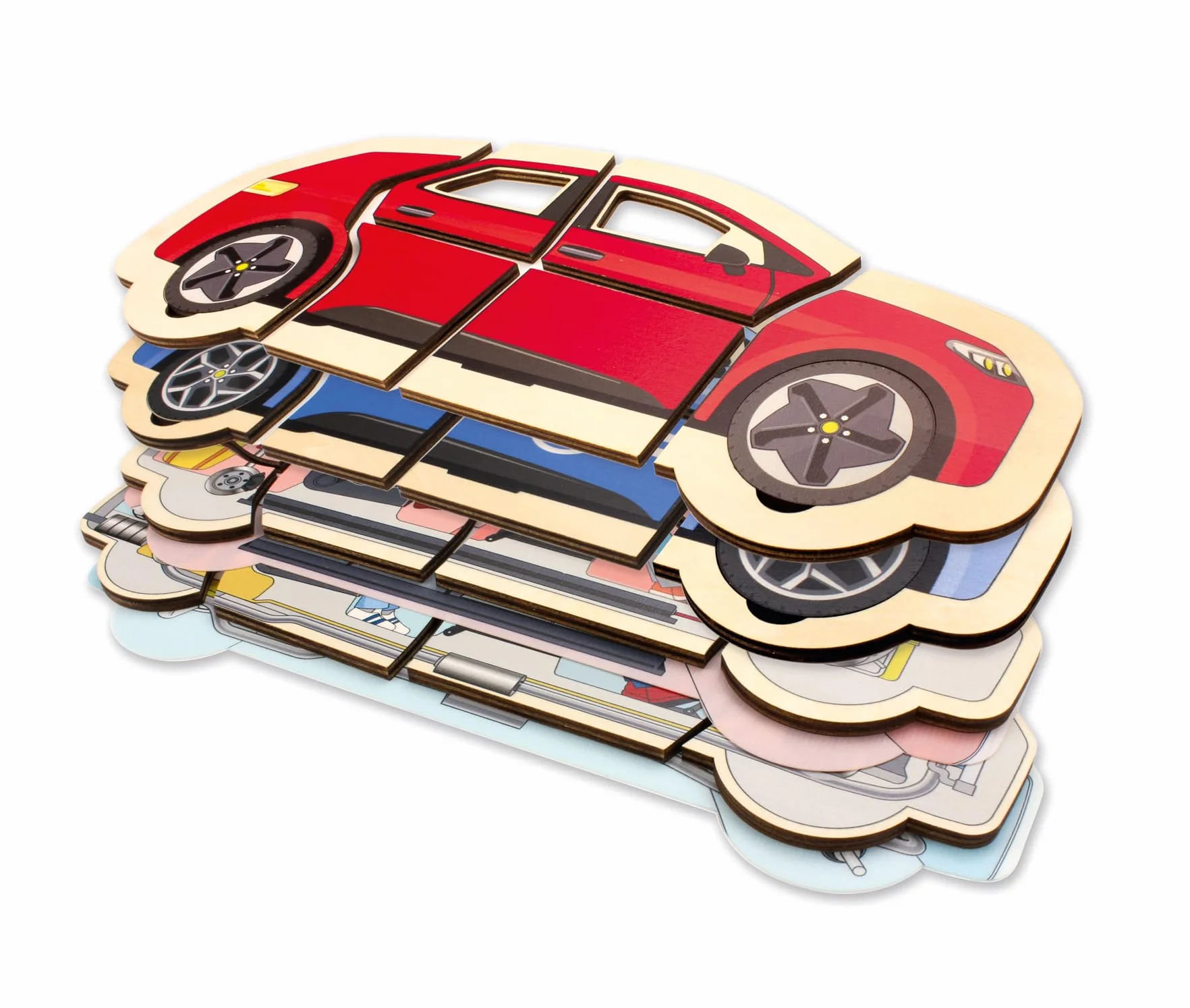 Beleduc Puzzle de couches de voiture, puzzle éducatif en bois 5 couches - Jouet motricité dès 4 ans - Montessori - Construction véhicule