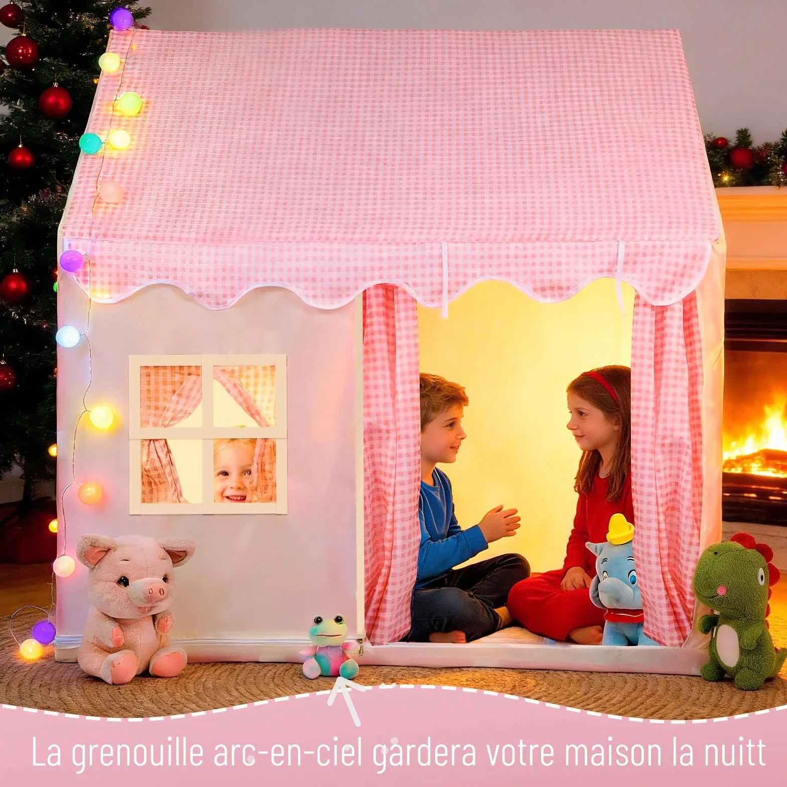 Tente de Jeu Pop-up Princesse Rose pour Fille avec Lumières et Peluche Grenouille Arc-en-Ciel 120x105x128 cm