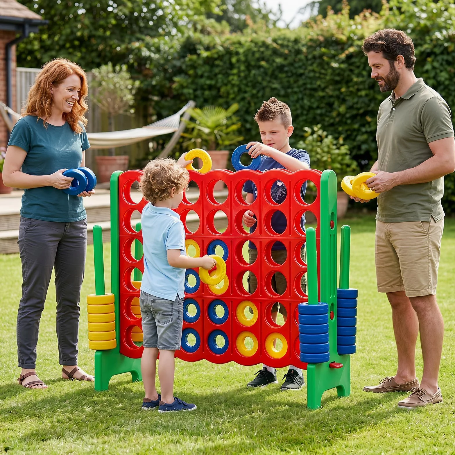 HOMASIS Jeu Géant 4 Gagnants, Jeu 4 en Une Ligne, Jeu de Stratégie avec 42 Anneaux & Curseurs, XXL Jeu de société Jouet 4 Gagnants pour Enfants & Adultes Extérieur (Vert)