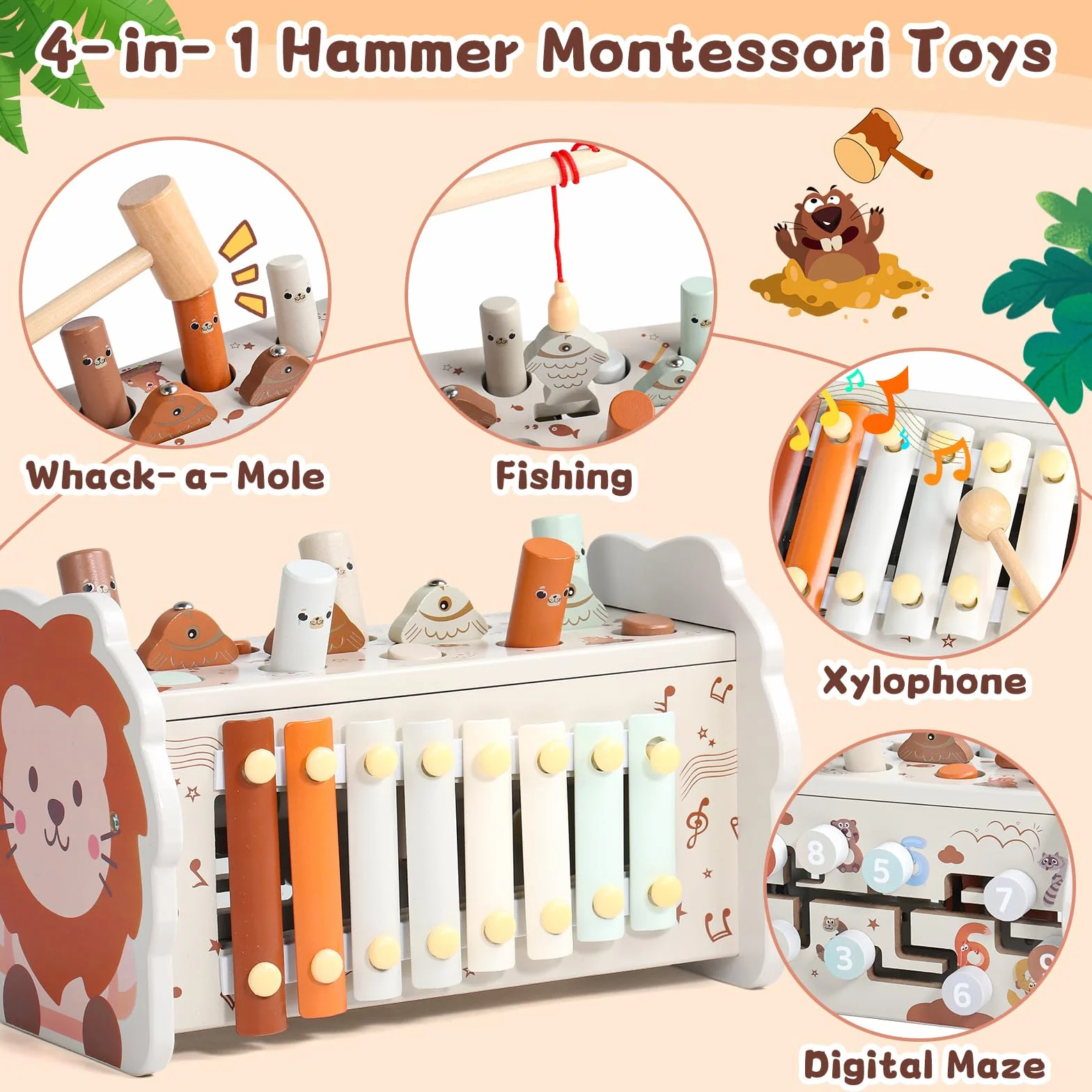 Jouet Montessori 1 an 4 en 1 Tape-Taupe Xylophone Bebe Pêche Labyrinthe Bois Educatif