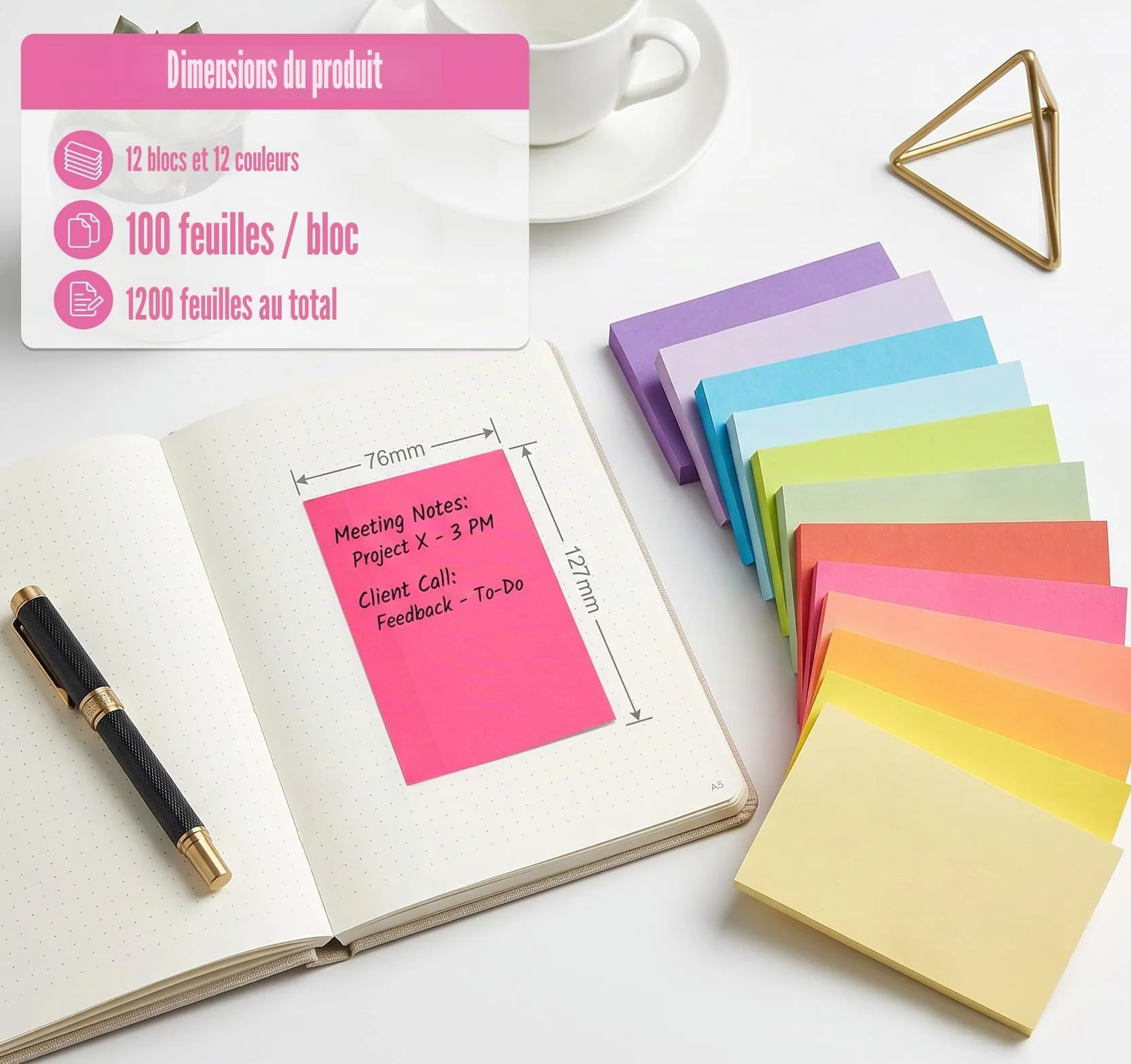 Agoer 1200 Notes Sticky Notes Lot de 12 Blocs Autocollantes 76 x 127 mm 100 Feuilles par Bloc 12 Couleurs