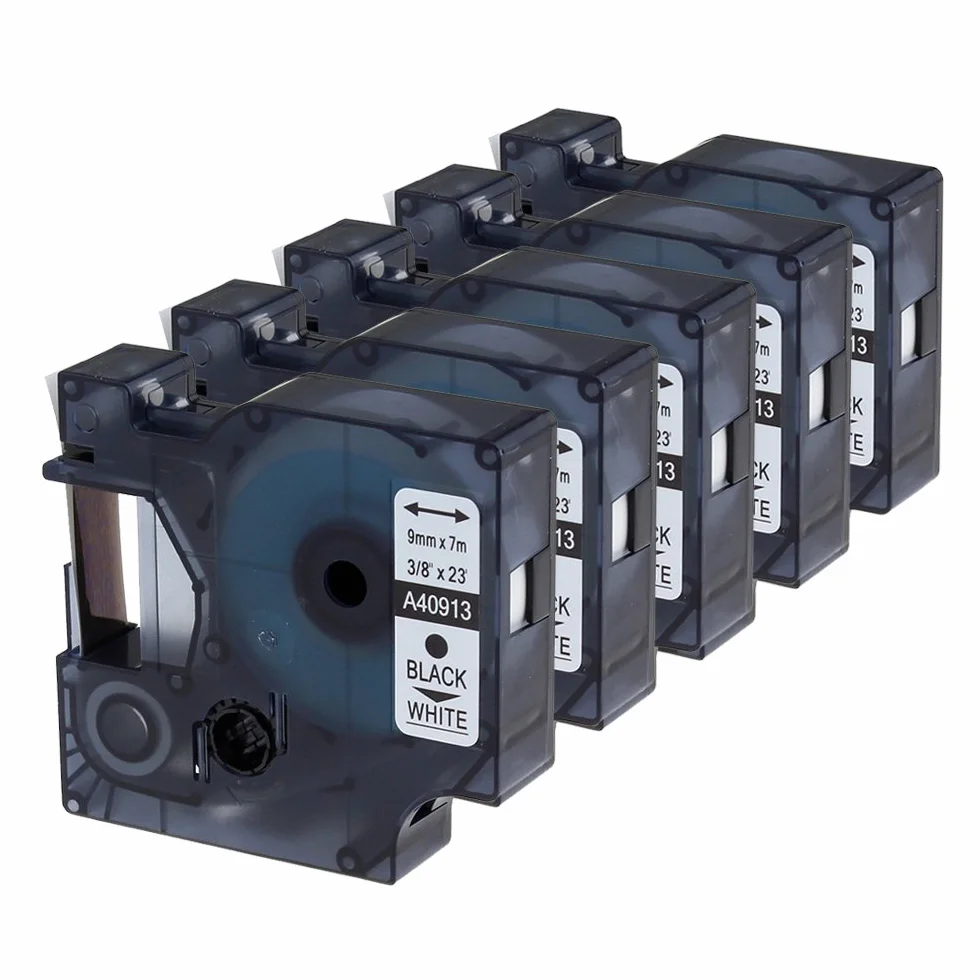 Dymo Ruban 9mm D1 40913 Noir sur Blanc Compatible LabelManager LM160 LM210D LM260P LM280 LM360D LM420P, Pack de 5