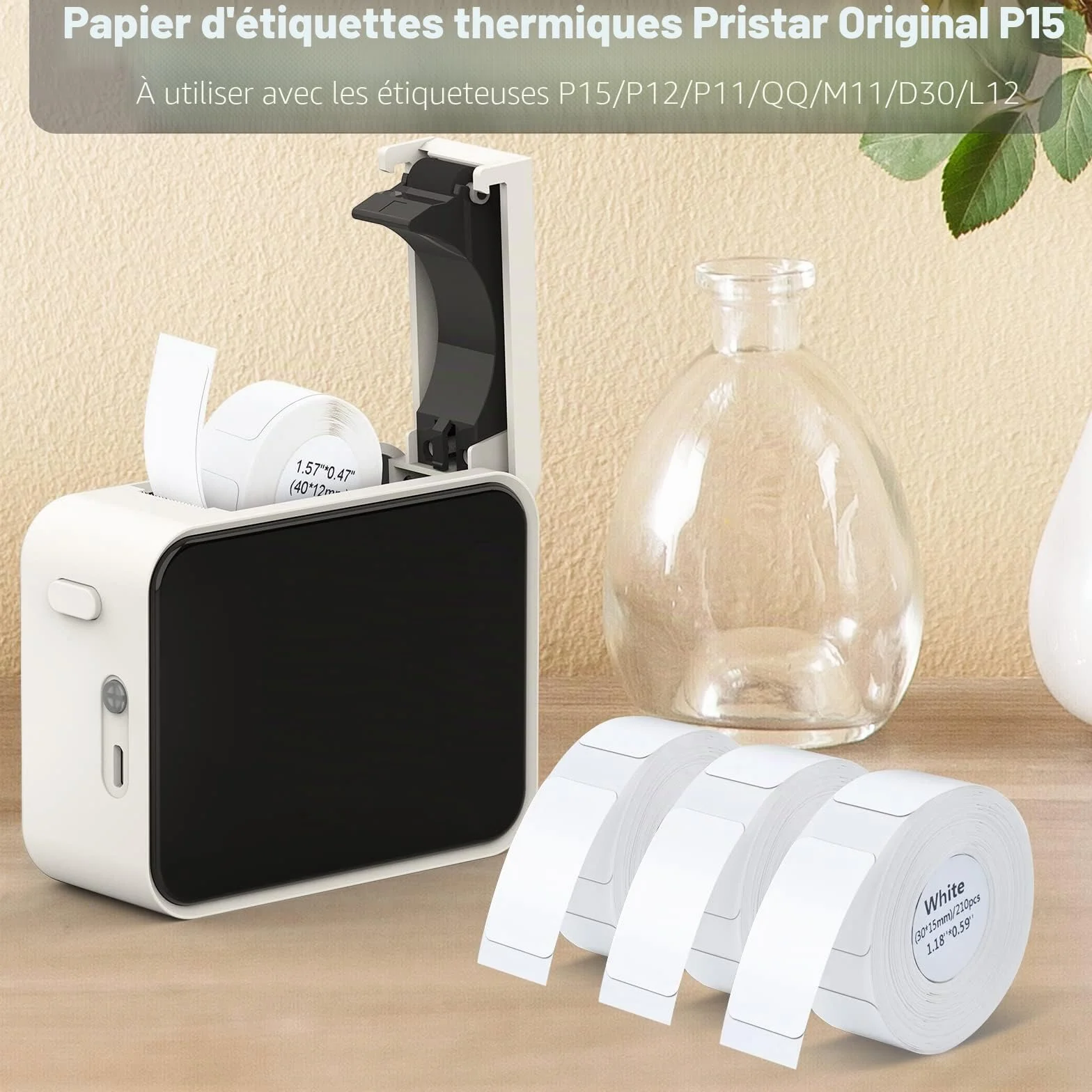 Pristar P15 ruban d'étiquettes thermiques autocollantes 15mm*30mm 3 rouleaux blanc 210 étiquettes/rouleau