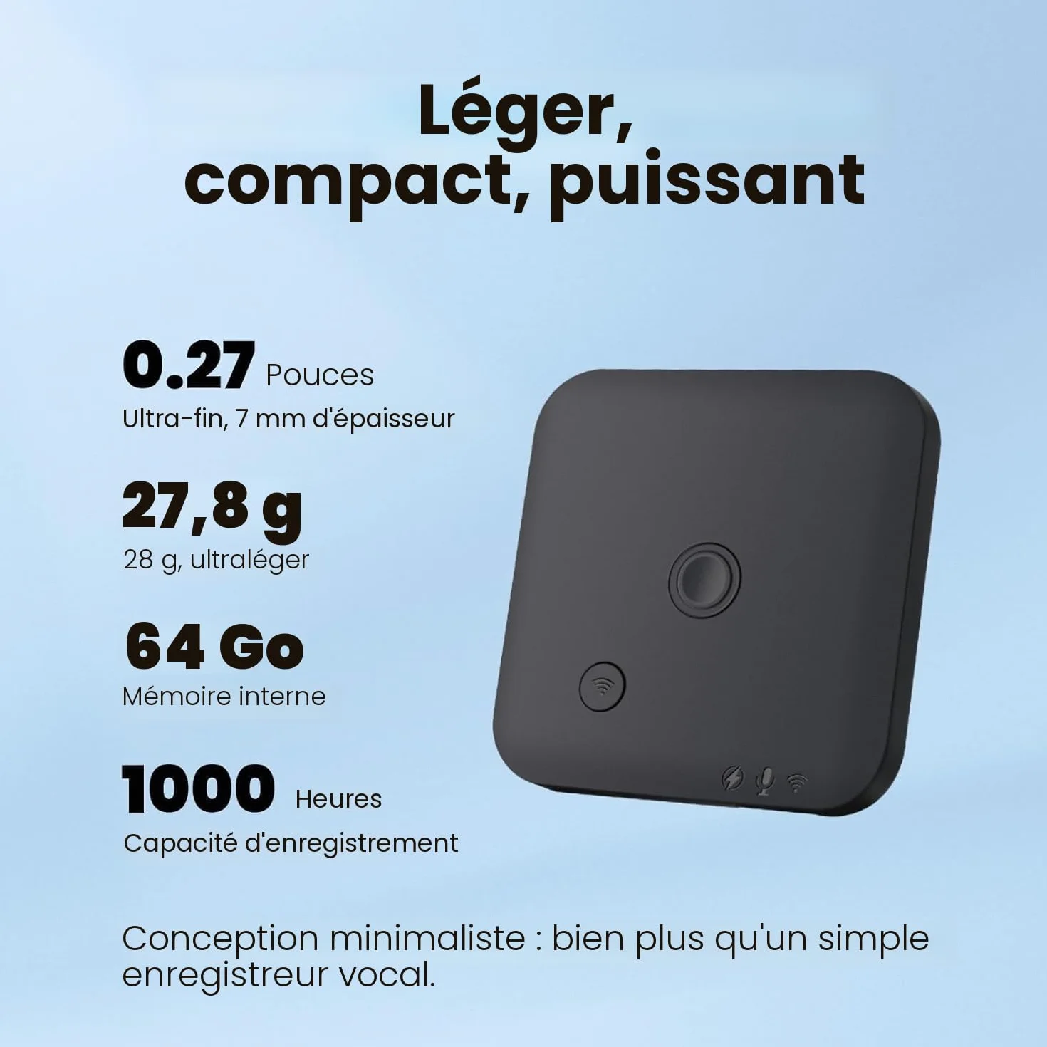Enregistreur Vocal Numérique IA 64 Go avec ChatGPT 4o, Dictaphone Magnétique pour Transcription 102 Langues, Noir