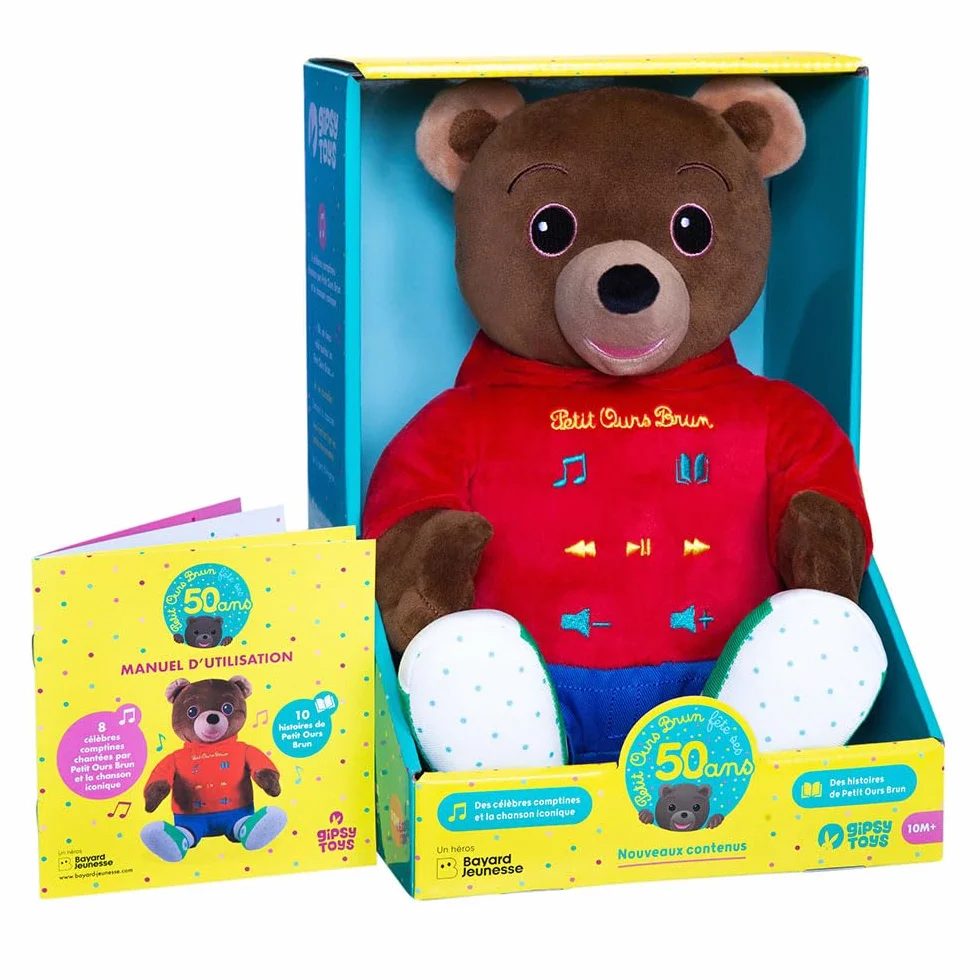 Peluche Interactive Petit Ours Brun 50 Ans 28 cm Marron Rouge Boîte Cadeau Version FR