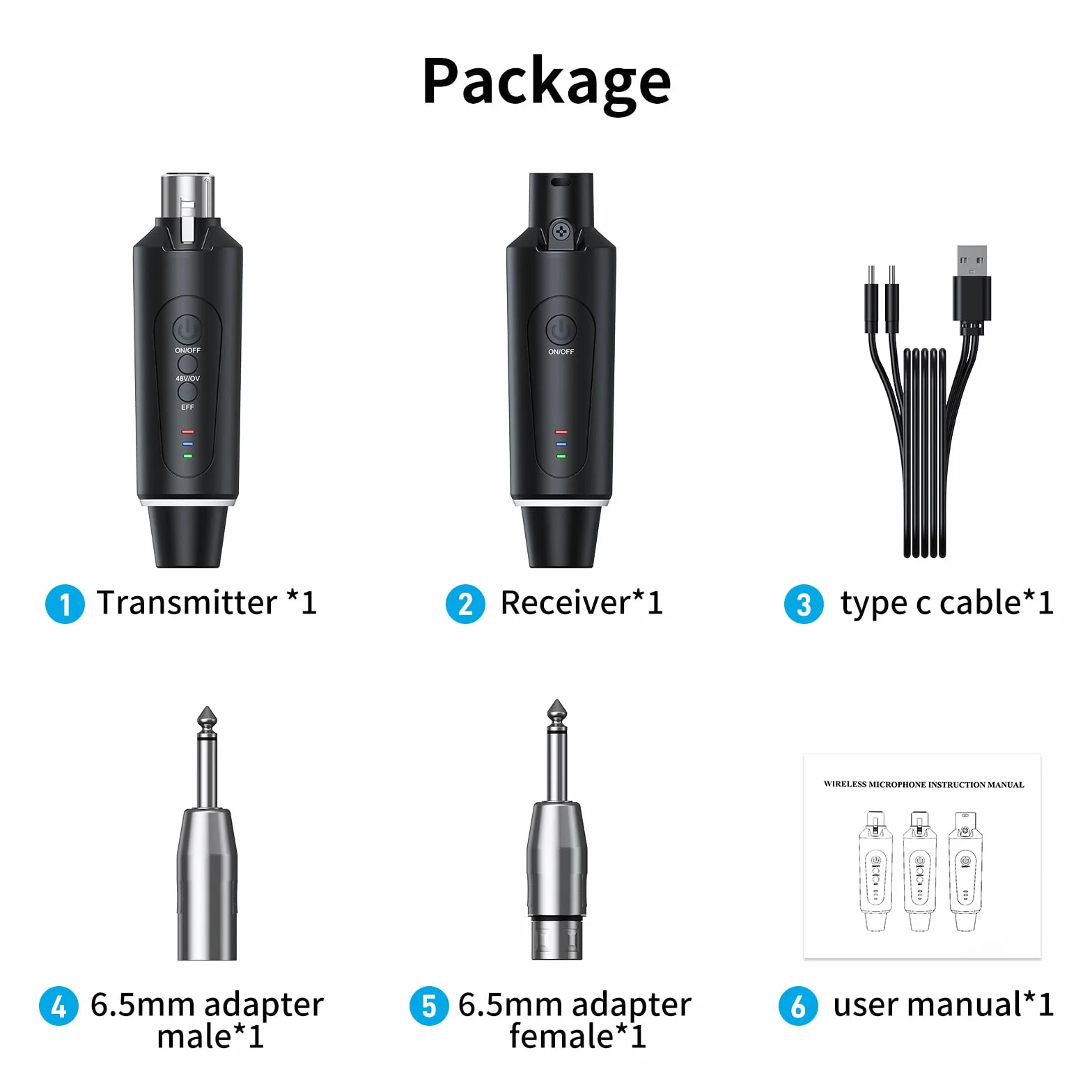 Microphone sans fil XLR 2,4 GHz émetteur récepteur 1 à 1 pour microphone dynamique et à condensateur 50-100 m
