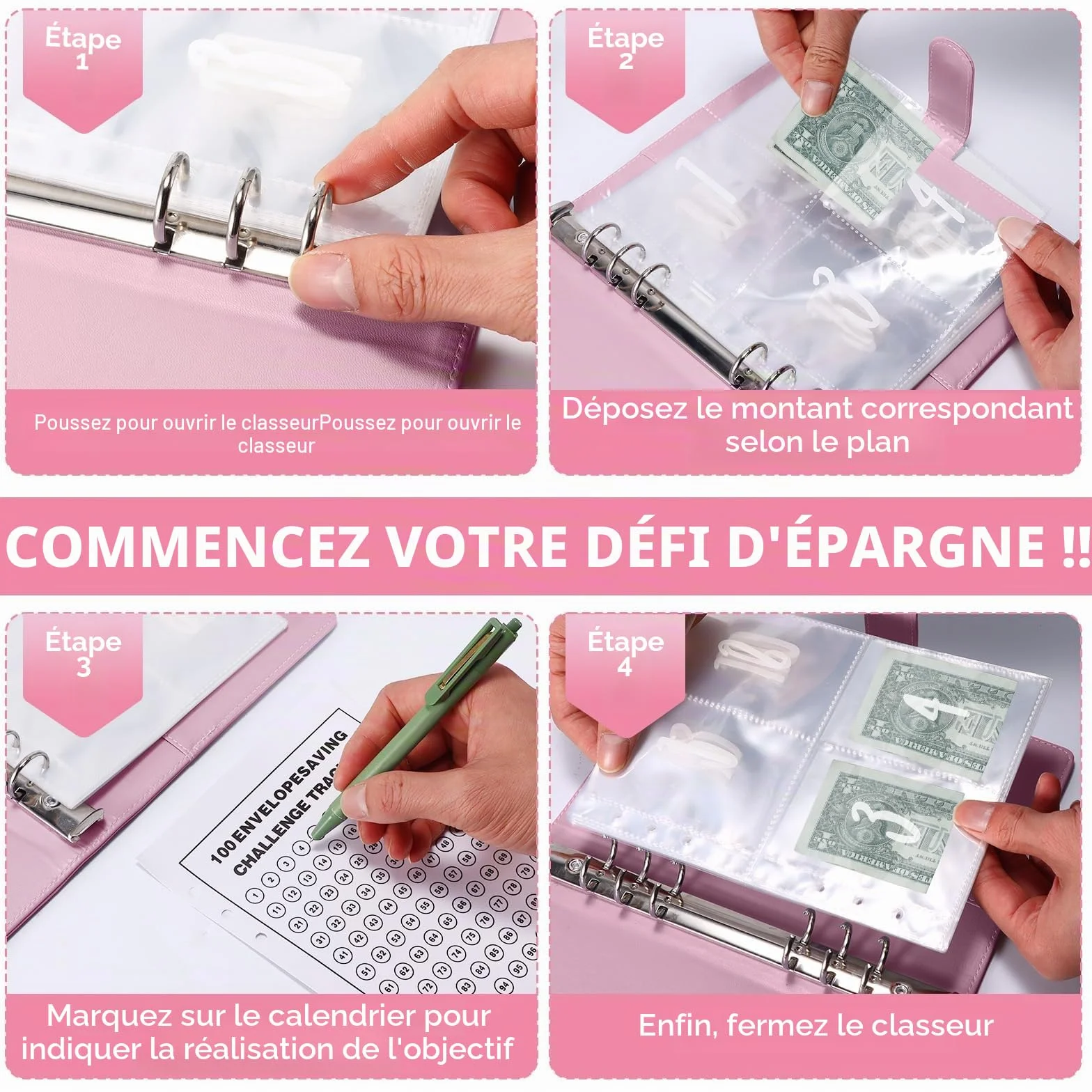 Planificateur de Budget 100 Enveloppes A5 Portefeuille Économie 5050 (Rose)