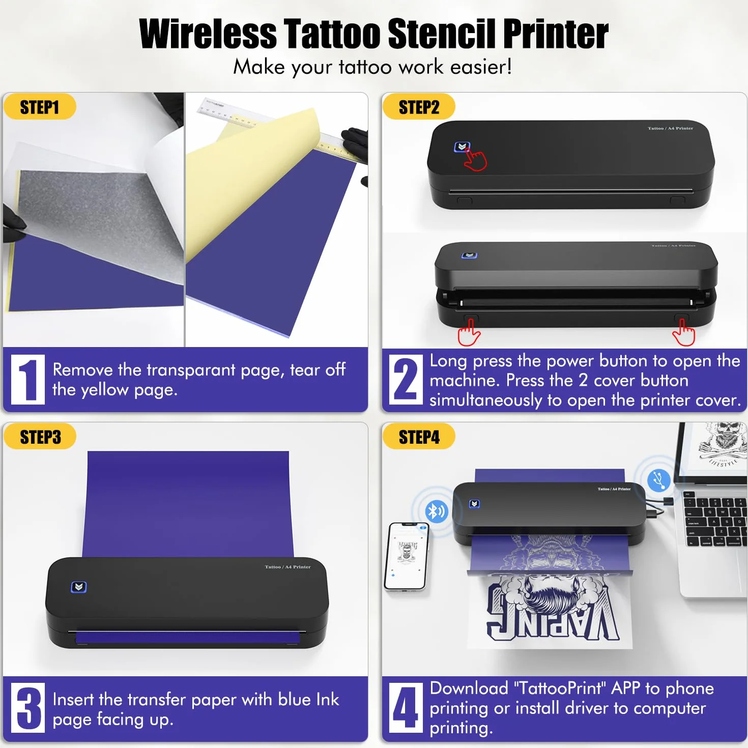 Imprimante Tatouage Thermocopieur Bluetooth A4 Papier Transfert 20pcs Compatible Smartphone PC