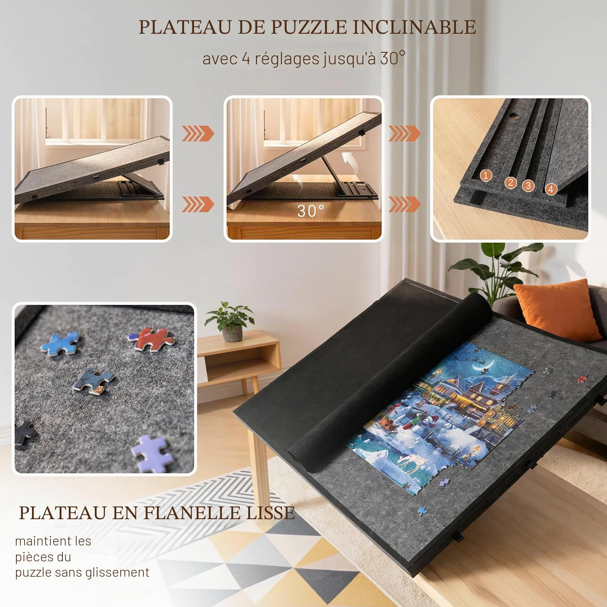 Planche à puzzle pliable et inclinable de 2000 pièces avec 6 tiroirs et couvercle, table de puzzle portable avec support intégré pour réglage de l'angle, pour puzzle de 2000, 1500 et 1000