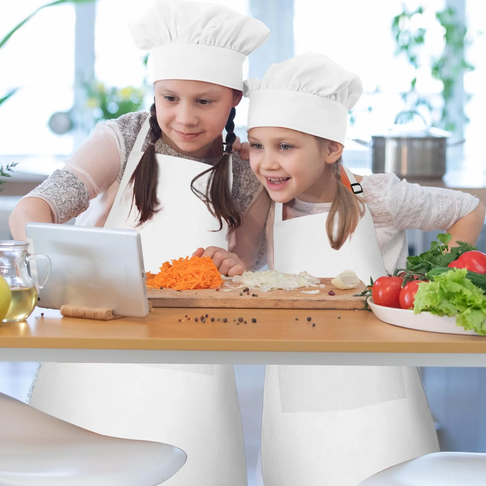 Ensemble tablier et toque de chef pour enfants - Tablier réglable avec 2 poches - Cuisine et pâtisserie