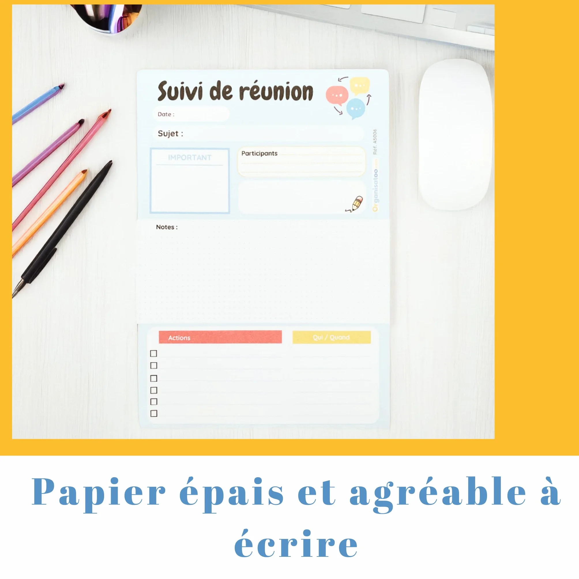 Bloc-notes suivi de réunion A5 50 pages détachables pour équipe managers entrepreneurs