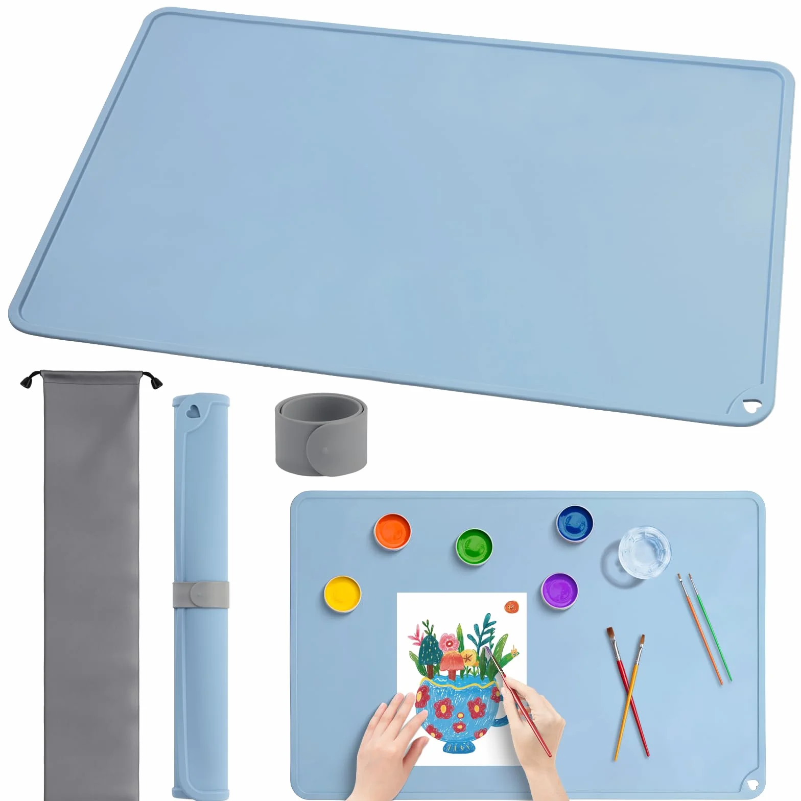 Tapis de Peinture en Silicone 60 x 40 cm avec Clip Magnétique et Sac de Rangement