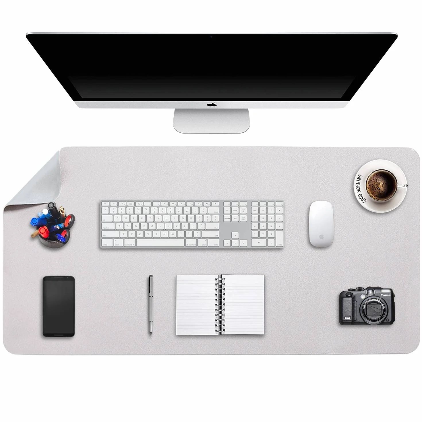 Tapis de Souris Grand XXL 90 x 43cm, Sous Main Bureau Cuir PU Étanche Double Face Gris Clair/Argent