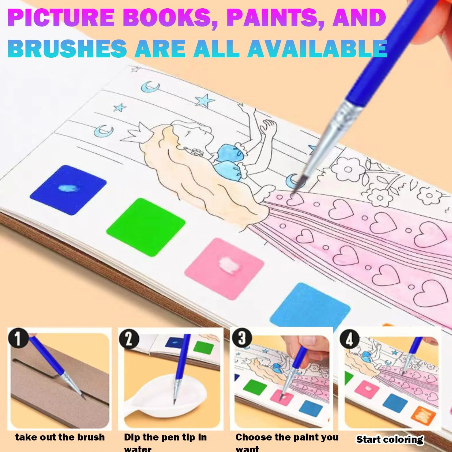 Livre Peinture Aquarelle avec Pinceau Réservoir D'eau, Livre Coloriage Enfant A5 72 Pages