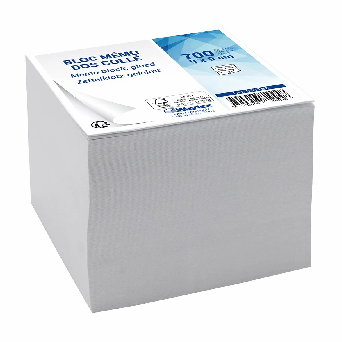 WAYTEX Bloc mémo cube 700 notes blanches 9 x 9 cm dos encollé