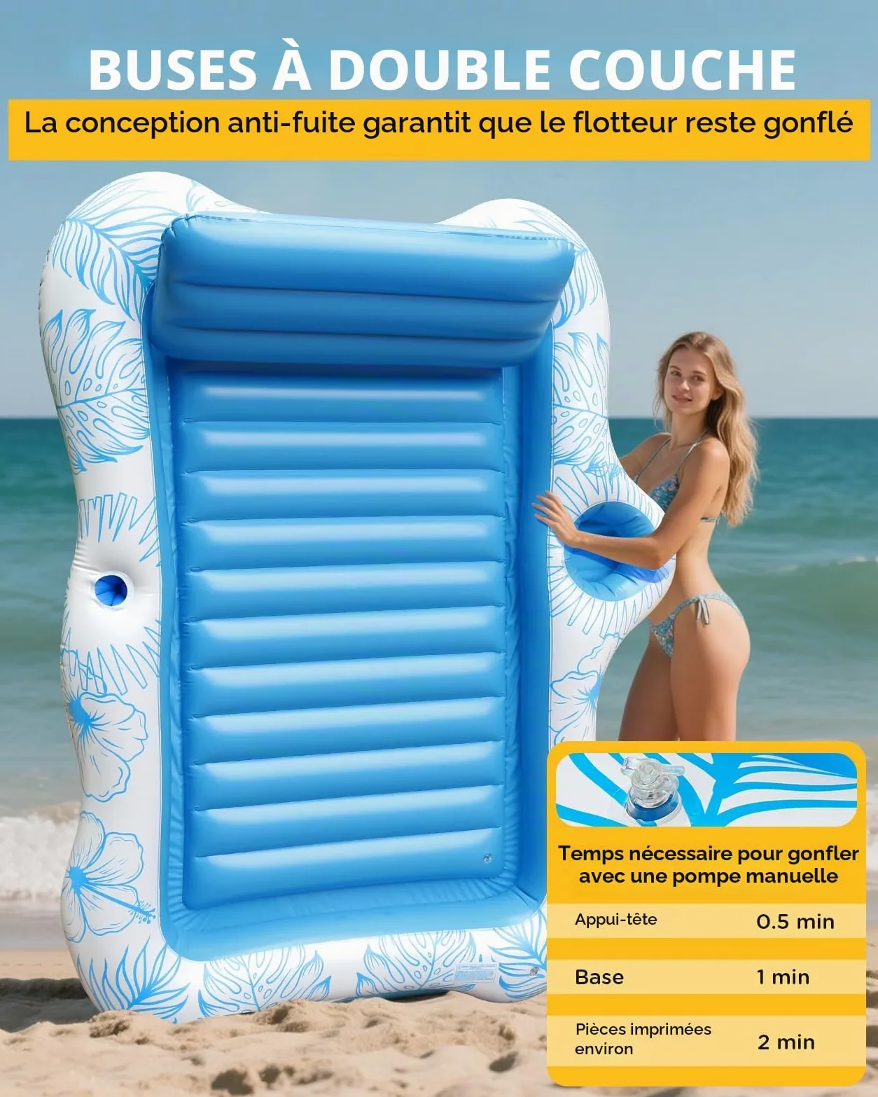 Matelas Gonflable Piscine Adulte, 180x120cm Tanning Pool Piscine de Bronzage avec Double Porte-Gobelets et Tête-Intégrée, Pour Bain de Soleil, Plage, Jardin, Fête, Été, Matelas de Bronzage Confortable