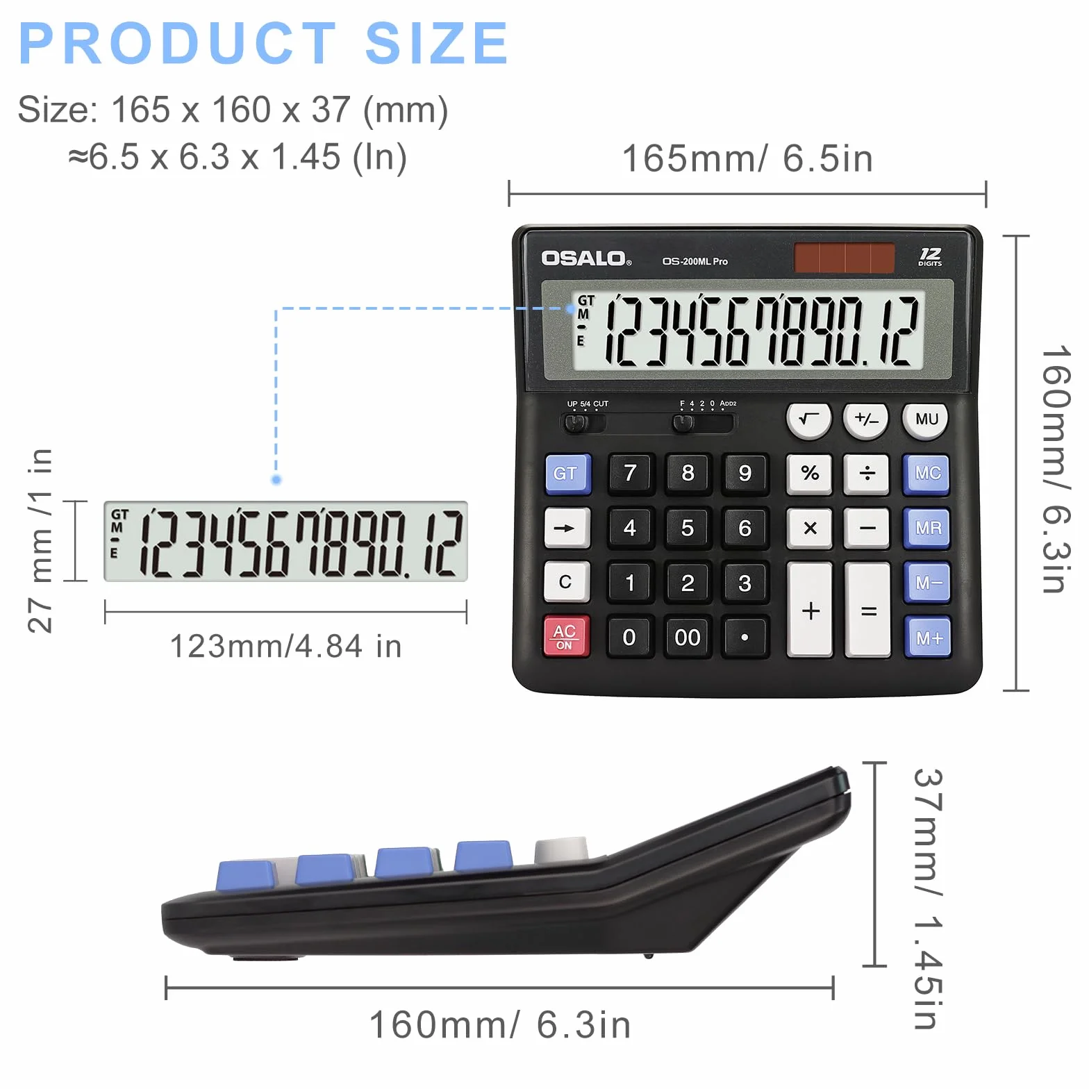 OSALO Calculatrice de bureau extra large grand écran LCD 12 chiffres comptabilité bouton réponse géant batterie solaire