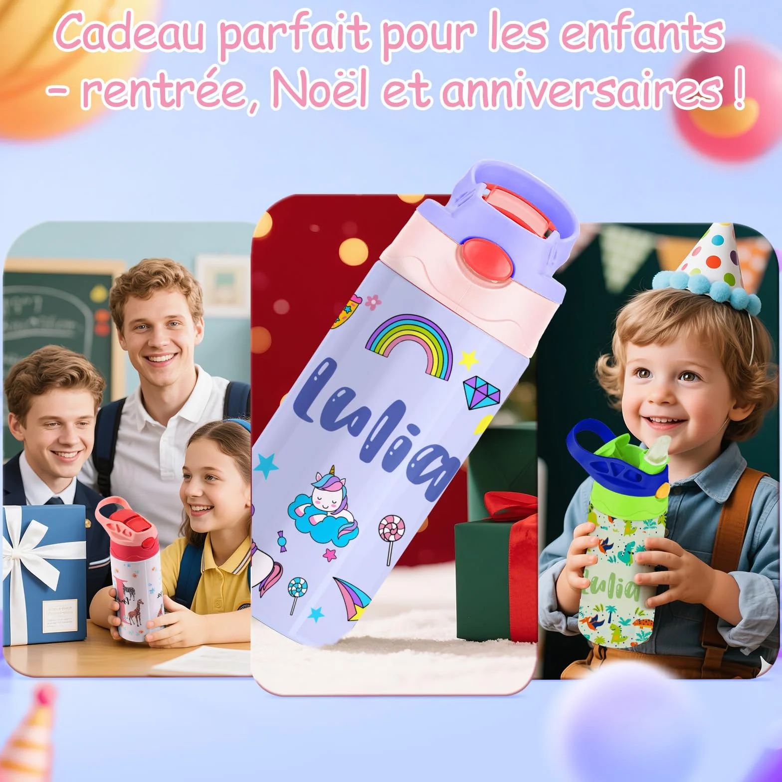 Gourde Isotherme Personnalisable Enfant 350ml Tritan Sans BPA Multicolore