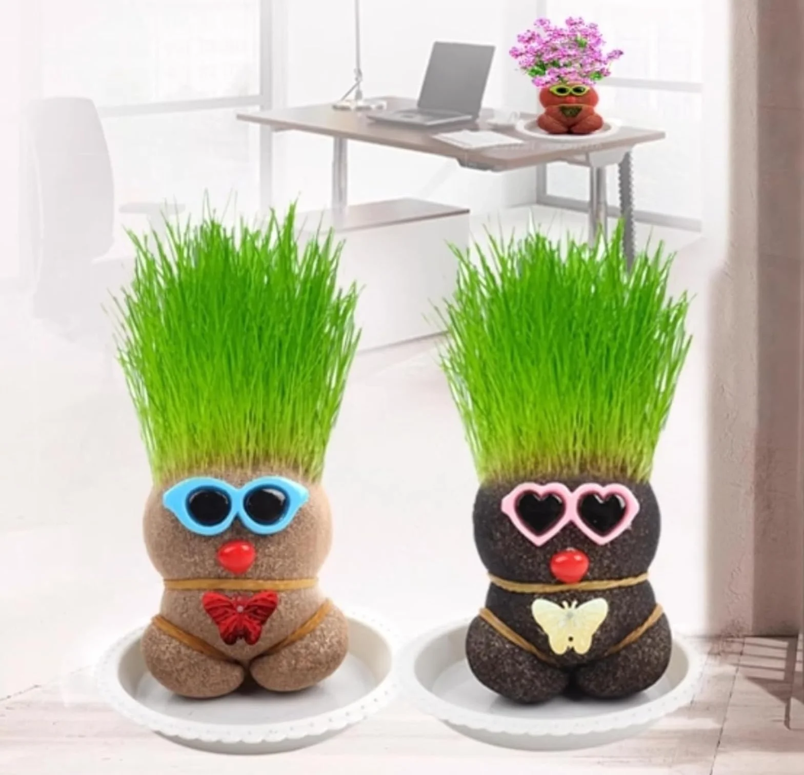 Mini Bonsaï Répulsif pour Moustiques Plante Poupée Tête d'Herbe avec Plateau 3 Pièces