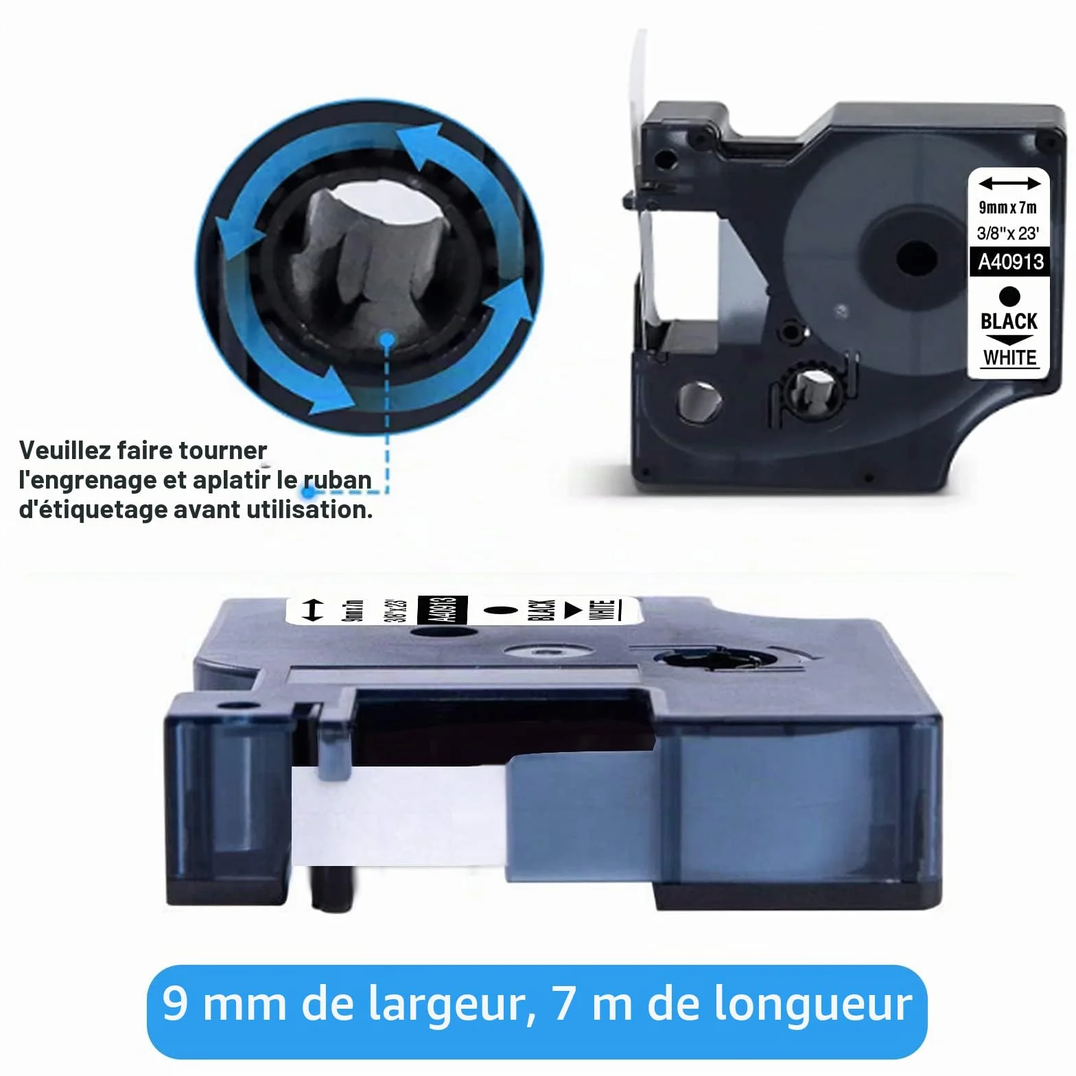 Aken A40913 Ruban Compatible Dymo D1 9 mm x 7 m Noir sur Blanc pour LabelManager