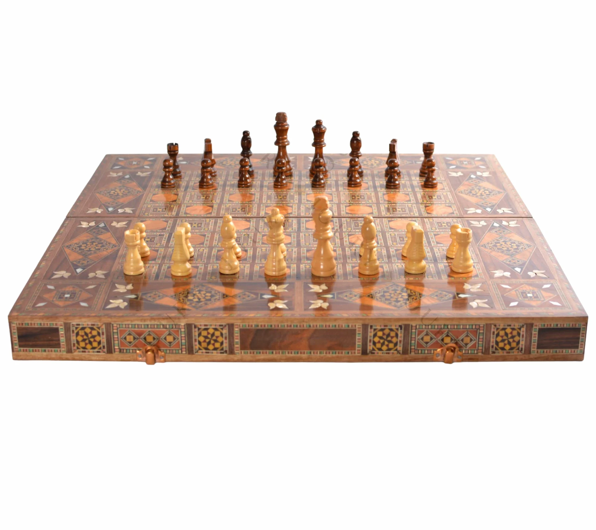Jeu d’Échecs et Backgammon 2 en 1 en Bois 20’’ – Plateau Fait Main Incrusté de Nacre – Coffret de Luxe Cadeau Artisanat