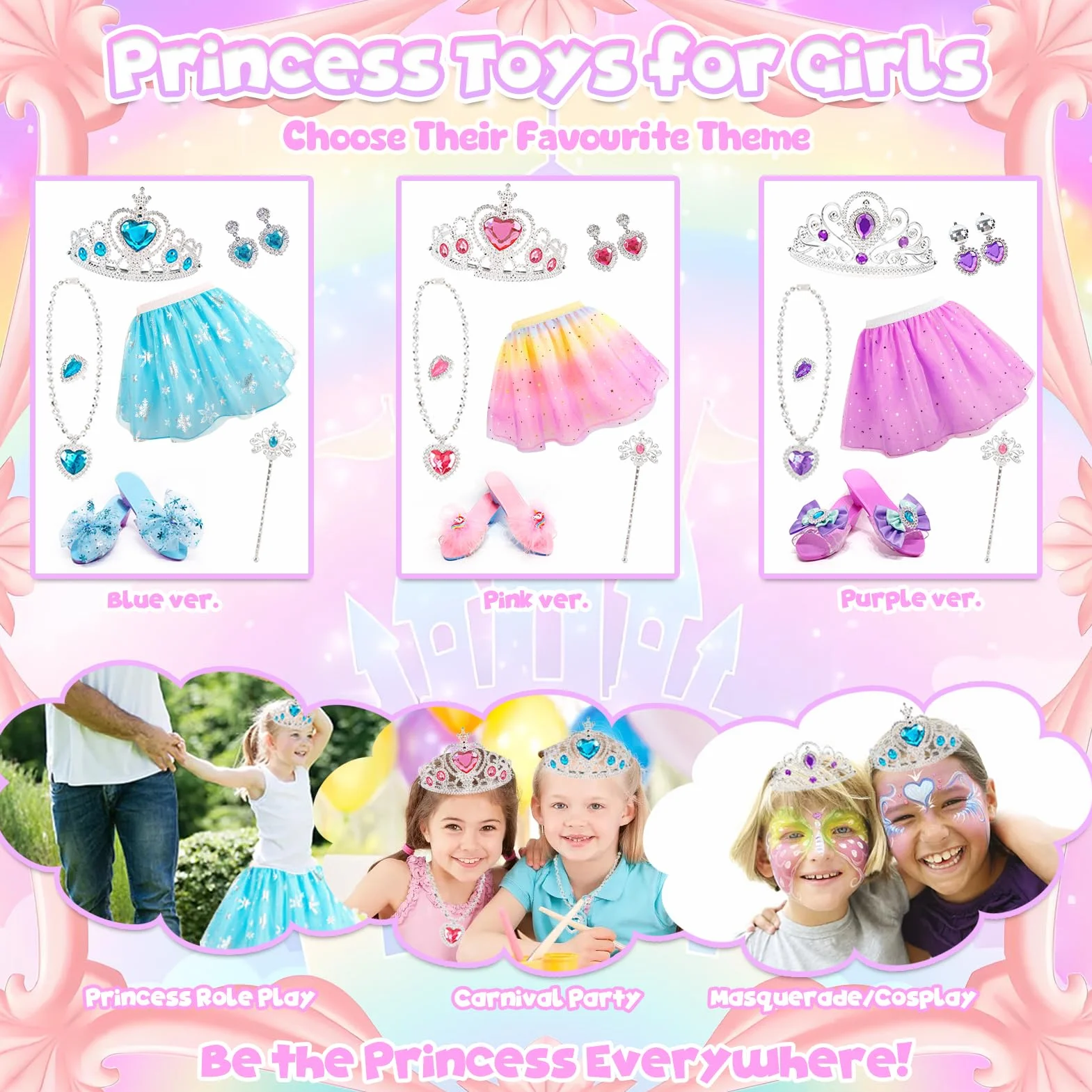 STAY GENT Chaussure Princesse Fille 3 Paires Chaussures 3 Couronne 3 Jupes Déguisement Jouet Princesse Accessoires Cadeau 2-6 Ans