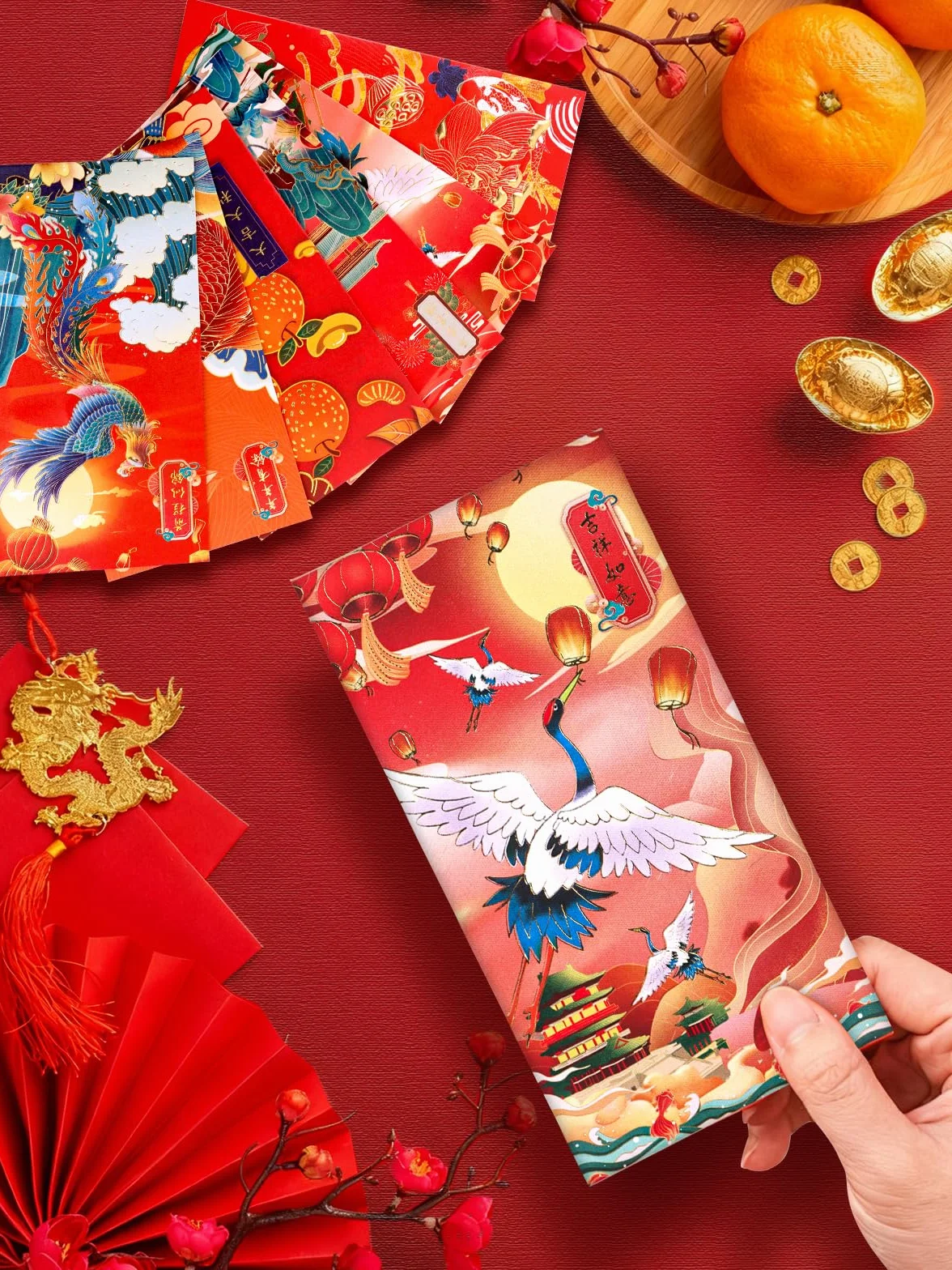 Lot de 60 enveloppes rouges porte-bonheur Hong Bao Nouvel An chinois motif bronze traditionnel