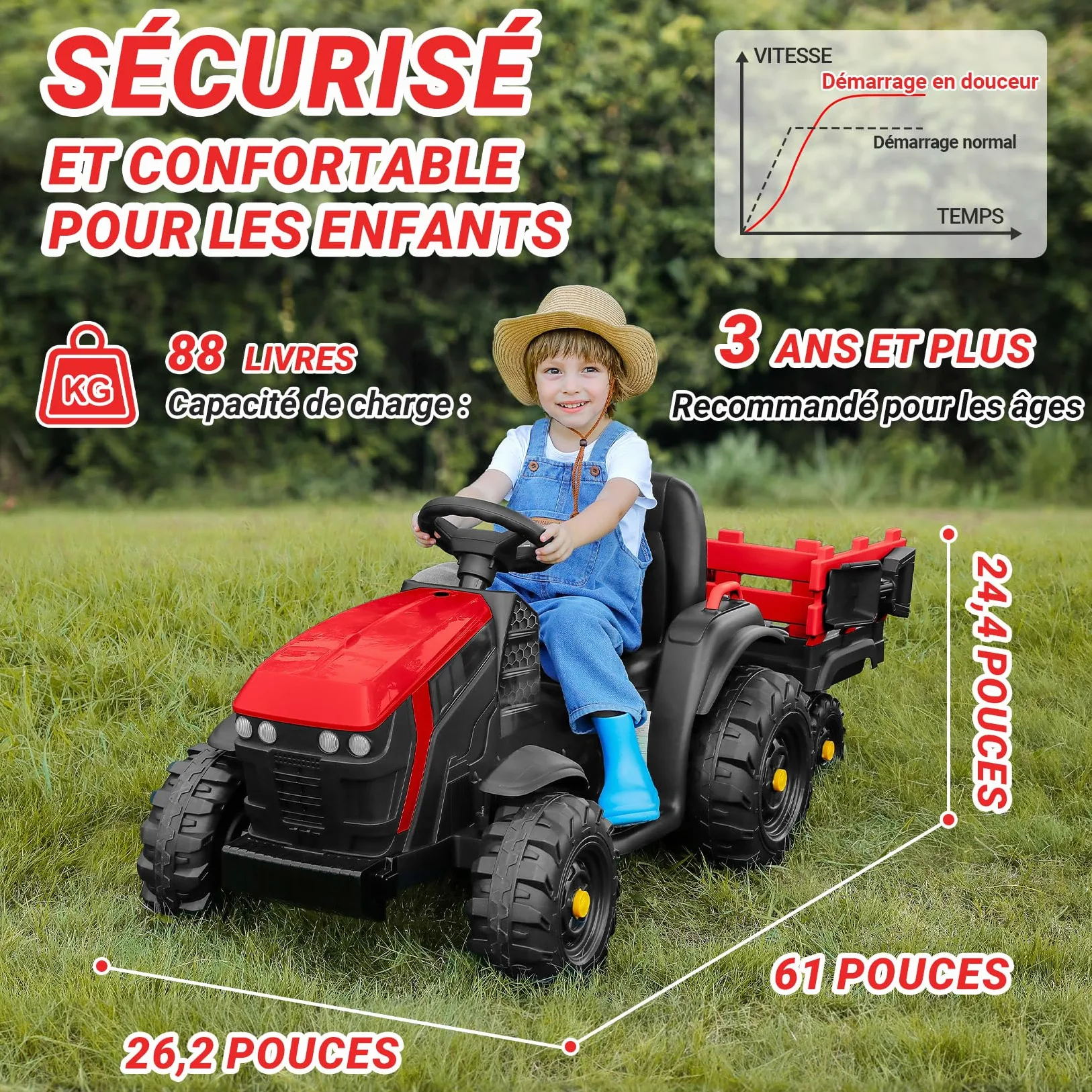 ELEMARA 24V 9AH Tracteur Electrique Enfant avec remorque Amovible Facile,400W Motors Voiture électrique Enfant, Jouet Tracteur Electrique,Ceinture de sécurité à 3 Points pour Les âges 3 +, Rouge