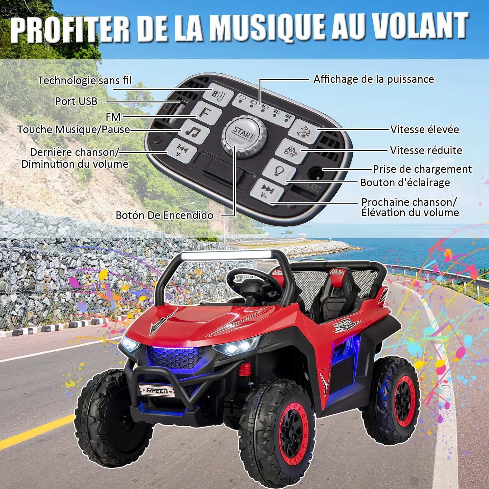 SOARS Voiture Electrique Enfants, Quad Electrique Enfants à 2 Places avec Multimédia, Télécommande 2,4G pour Parents, Durée de 60 à 120 Min, Charge Maximale 59 KG, Cadeau Fille Garçon 3-8 Ans (Rouge)
