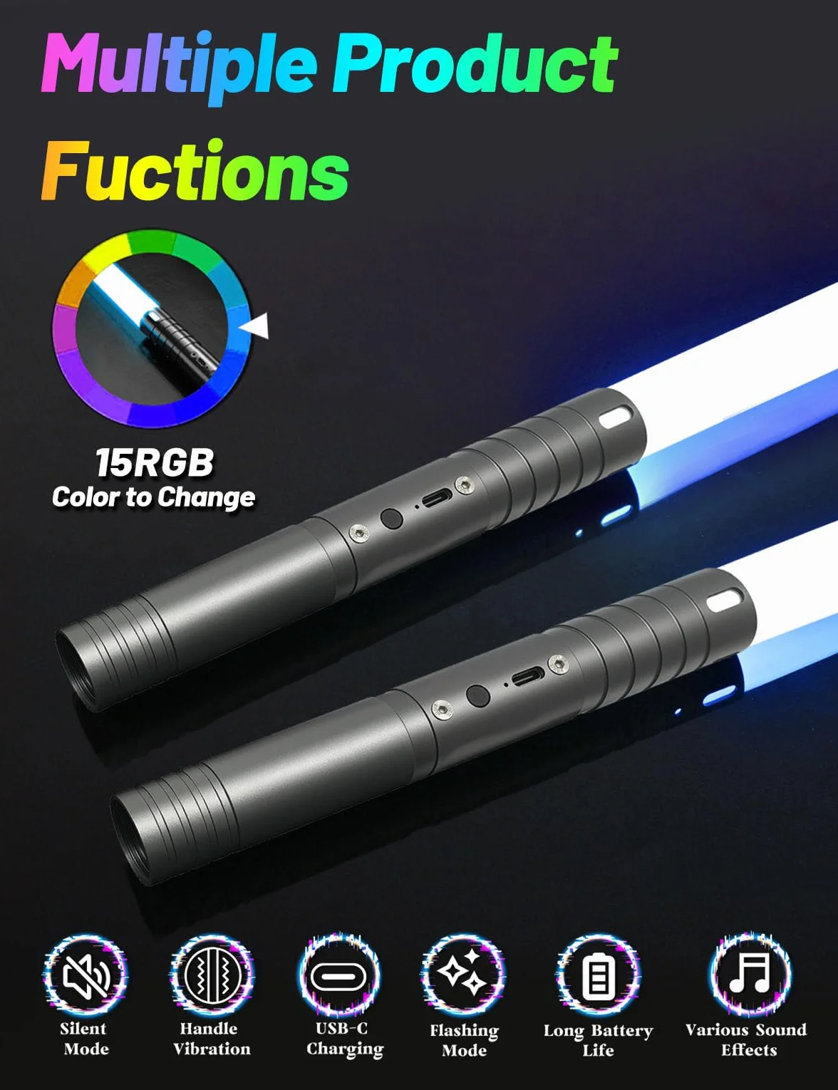 Sabre Laser Enfant 2 en 1 15 Couleurs Duel 4 Modes Sons USB-C Gris 2PC