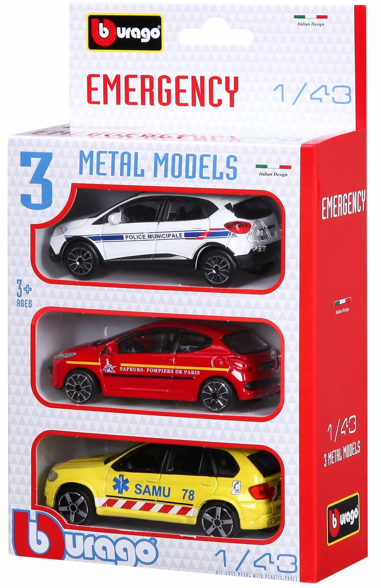 Bburago 1:43 Véhicules Urgences Françaises Pack 3 Police Municipale Sapeurs Pompiers Paris SAMU 30009