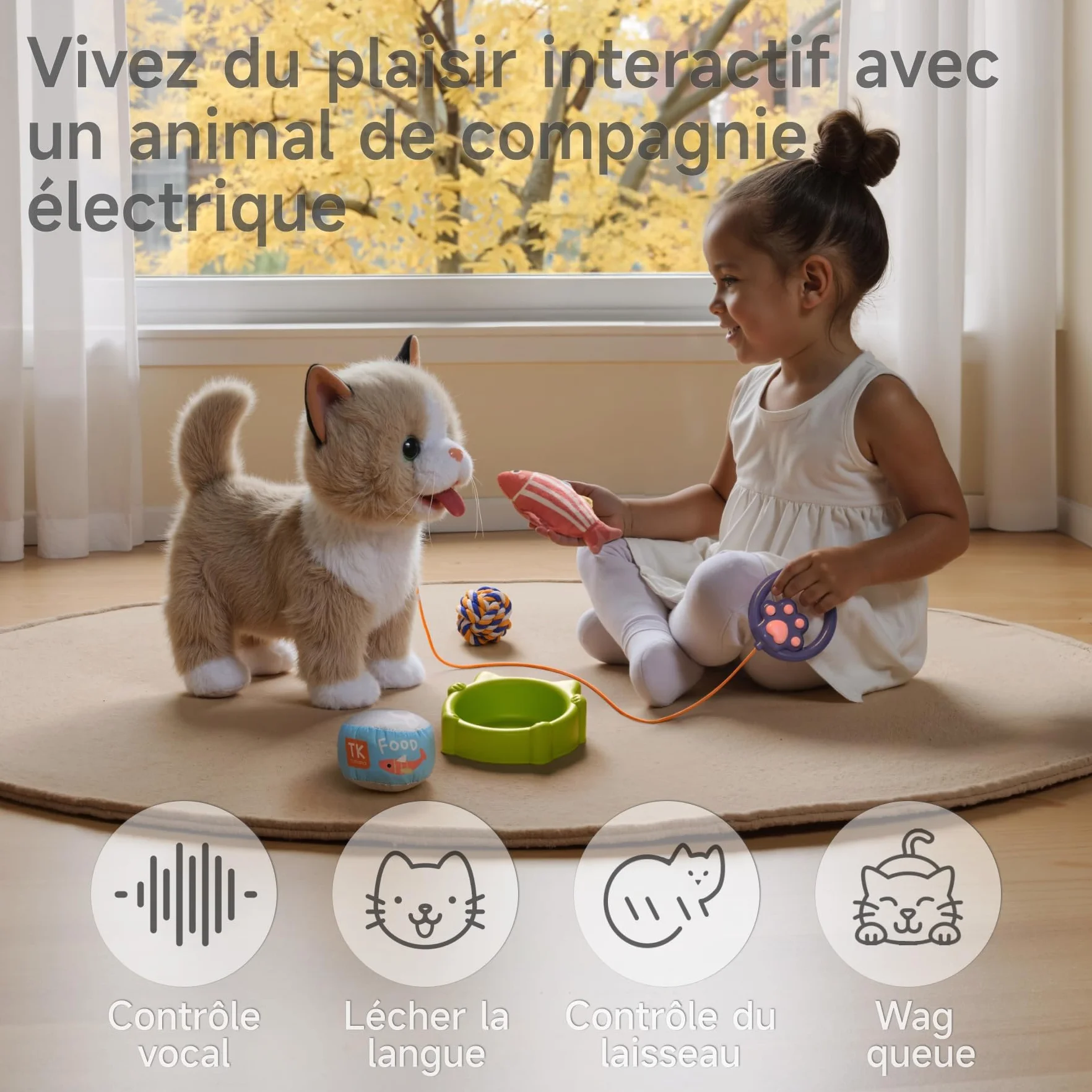 TUMAMA Peluche Interactif pour Chat Jouet Enfant 3-6 Ans Qui Marche Et Aboie en Laisse