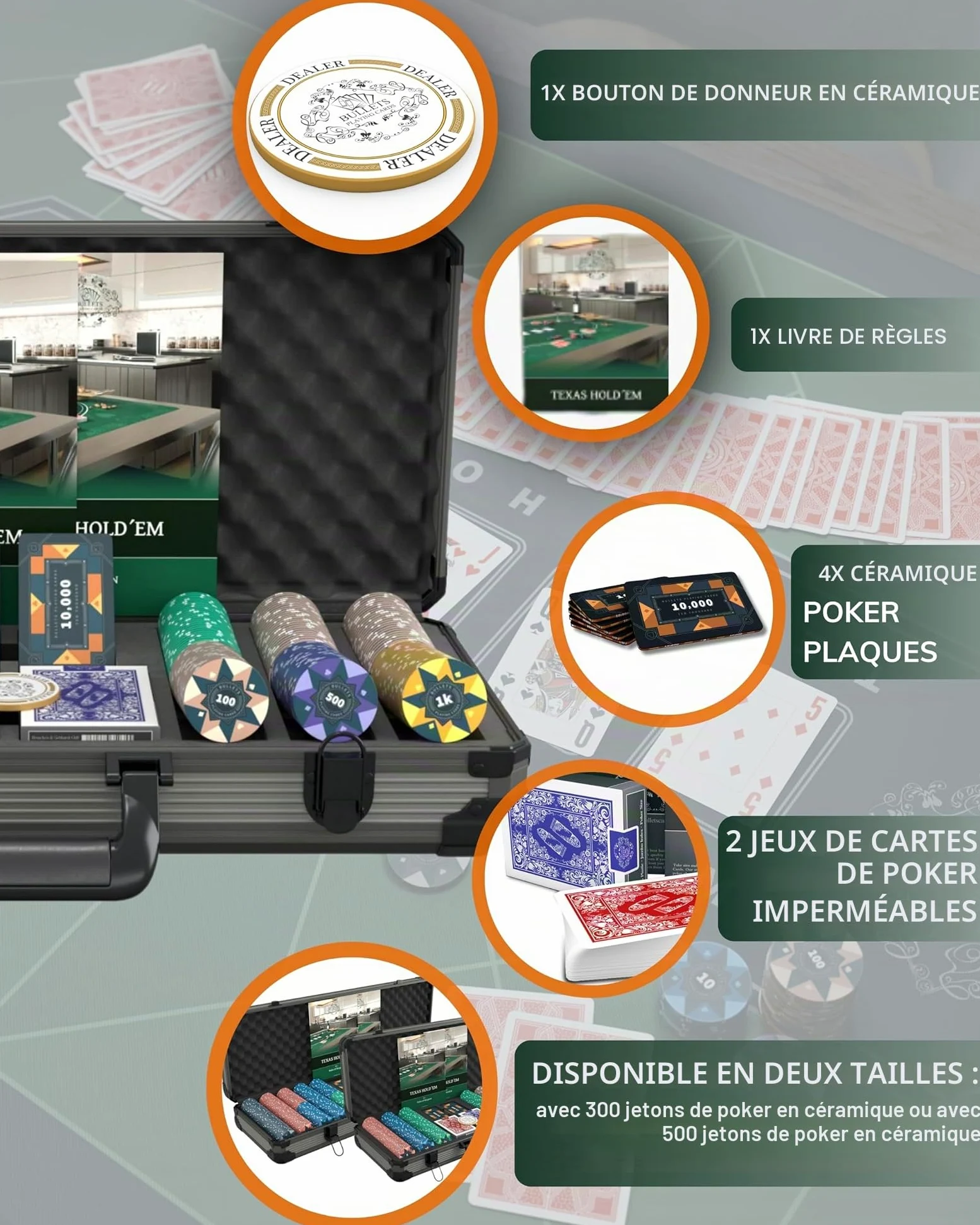 Bullets Playing Cards | Mallette de Poker 300 Jetons Céramique – Coffret Complet avec Cartes, dés et Bouton Dealer ─ Design Paulie