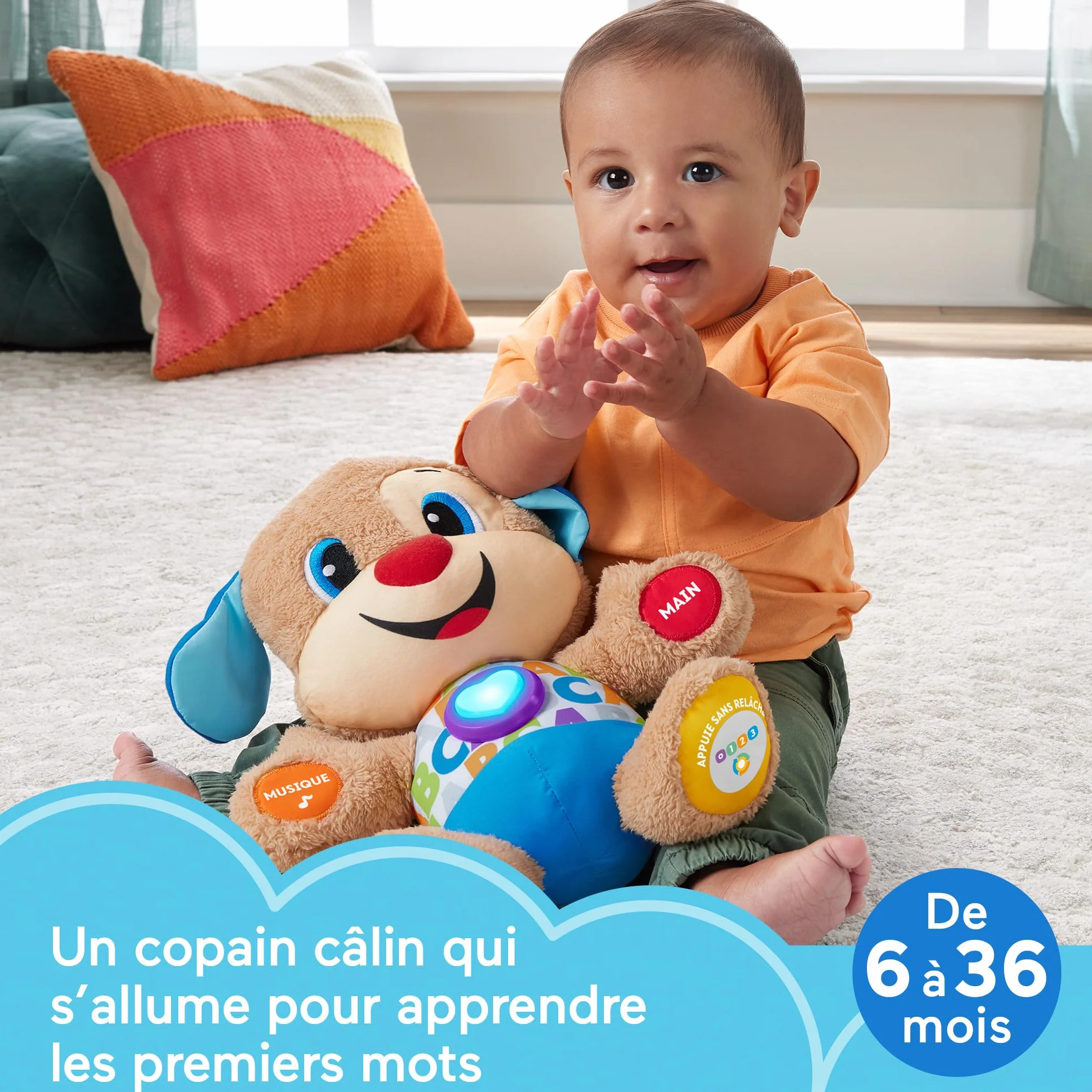 Fisher-Price Peluche Eveil Progressif Musicale Interactive 75 Chansons 3 Niveaux Jouet Bébé 6 Mois FPM44