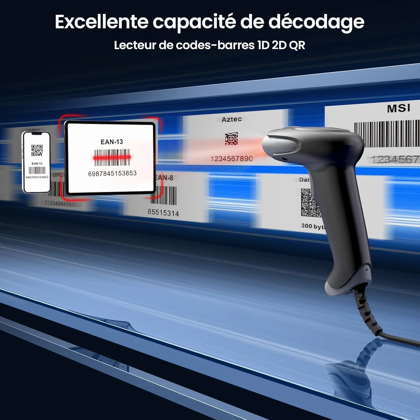 Eyoyo Lecteur Codes Barres 1D 2D USB Douchette Scanner Code Barre QR PDF417 Data Matrix pour PC Mac