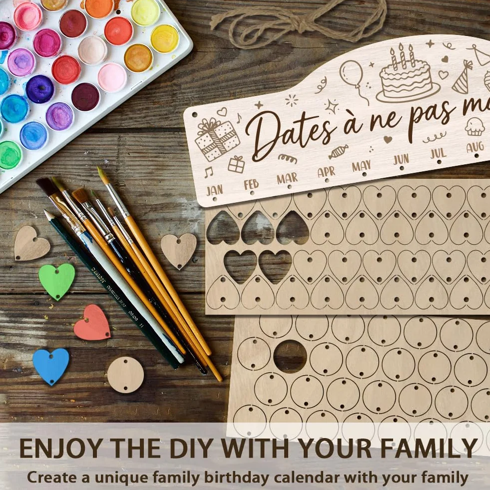 Arricraft Calendrier de rappel d'anniversaire en bois 40x12cm gâteau scintilles étoile avec 100 étiquettes
