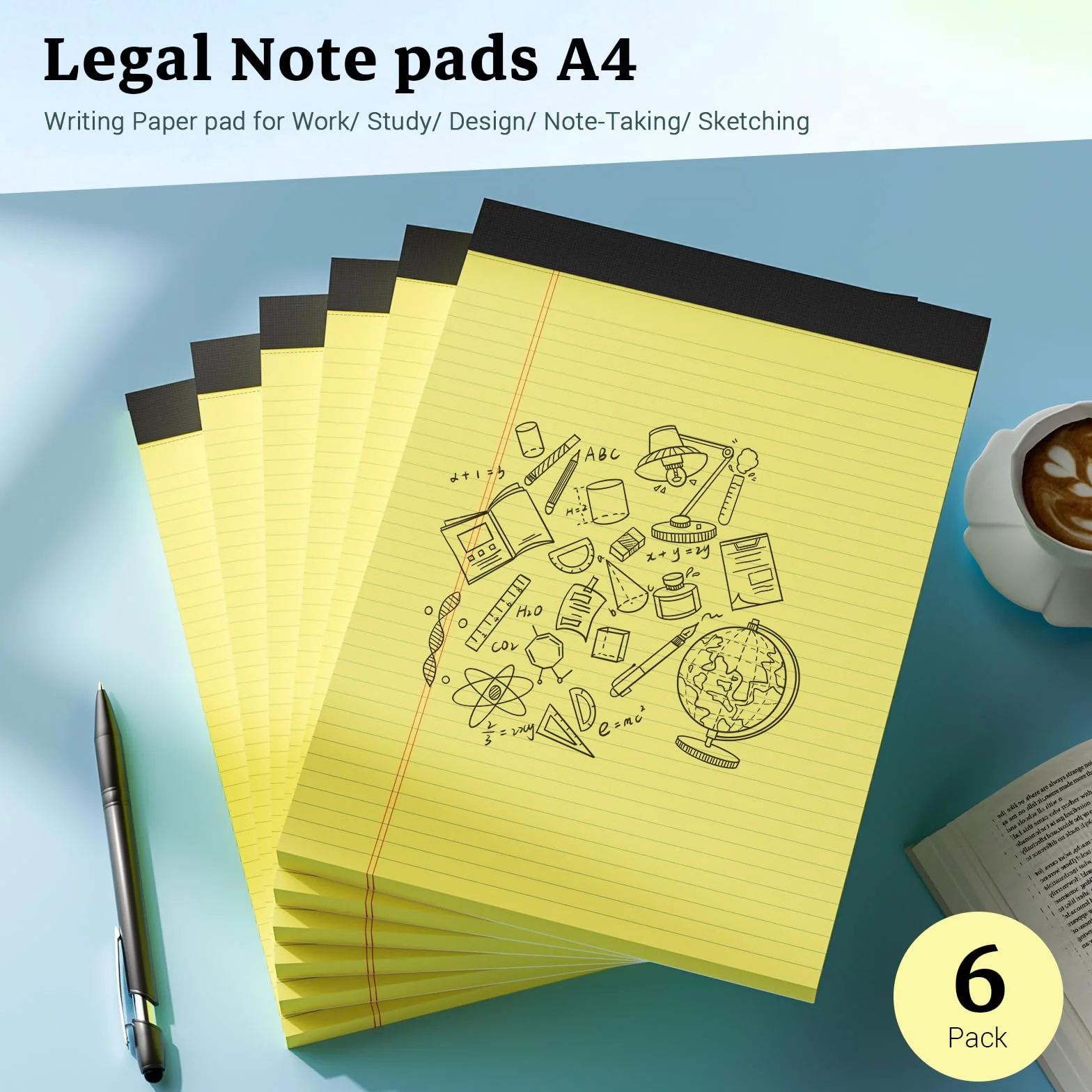 Blocs-notes A4 ligné 30 feuilles double face papier jaune lot de 6
