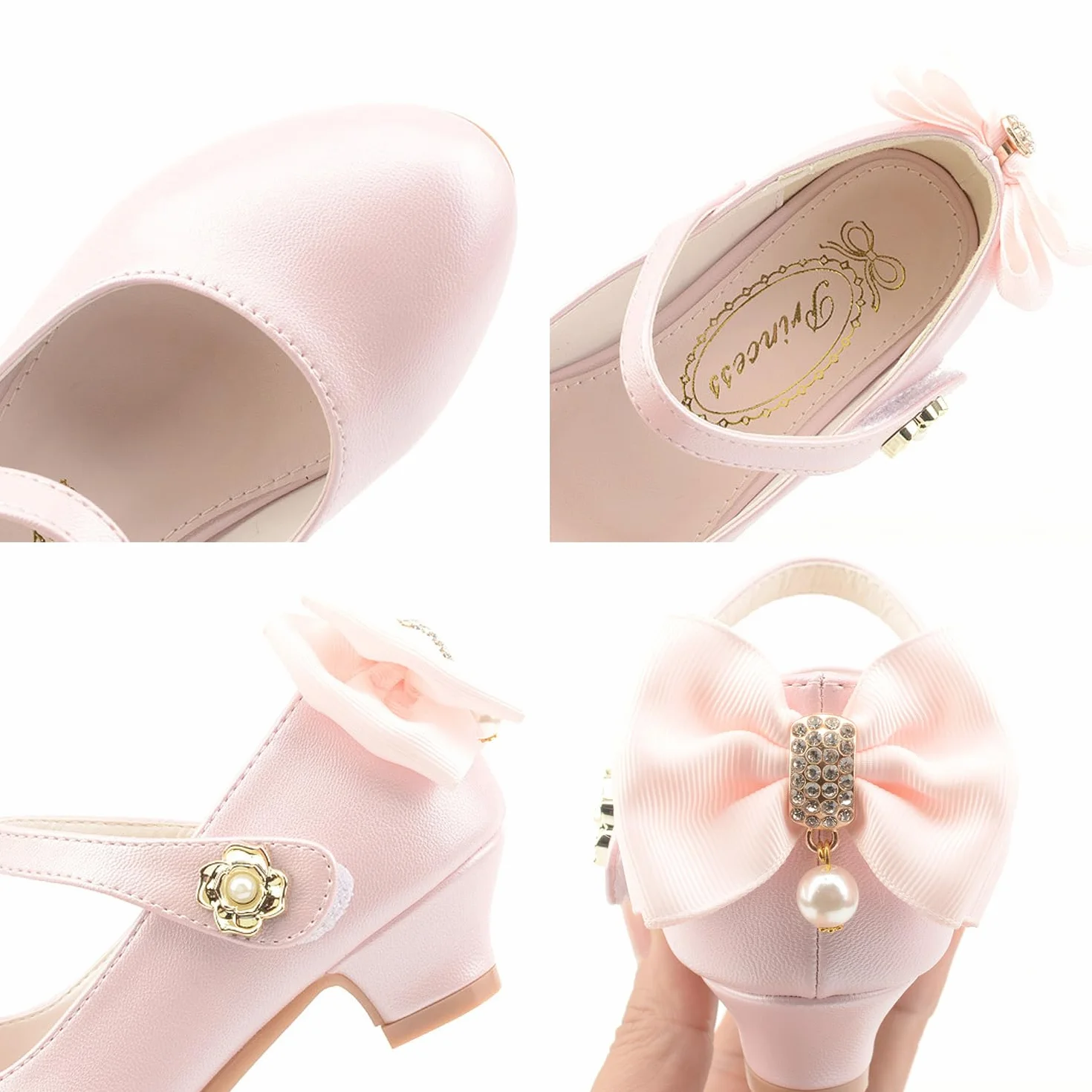 Sandales à Talon Haut Polyuréthane Souple Princesse Noeud Cristal Perle Scratch Chaussures Couleur Unie Tenue de Soirée, Blanc, 35