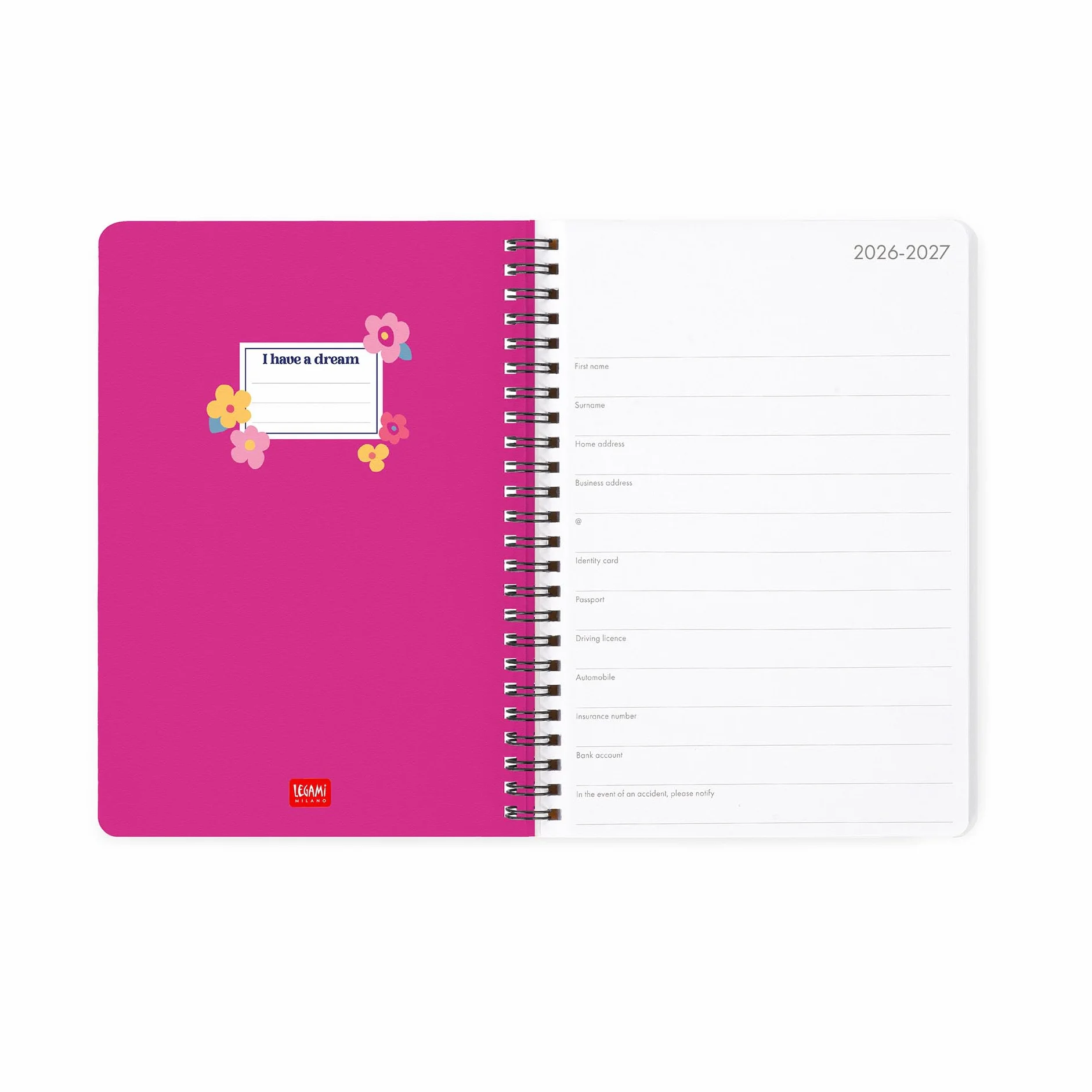 Legami Agenda hebdomadaire à spirale 2026-2027 Flowers 16 mois 15 x 21 cm FSC
