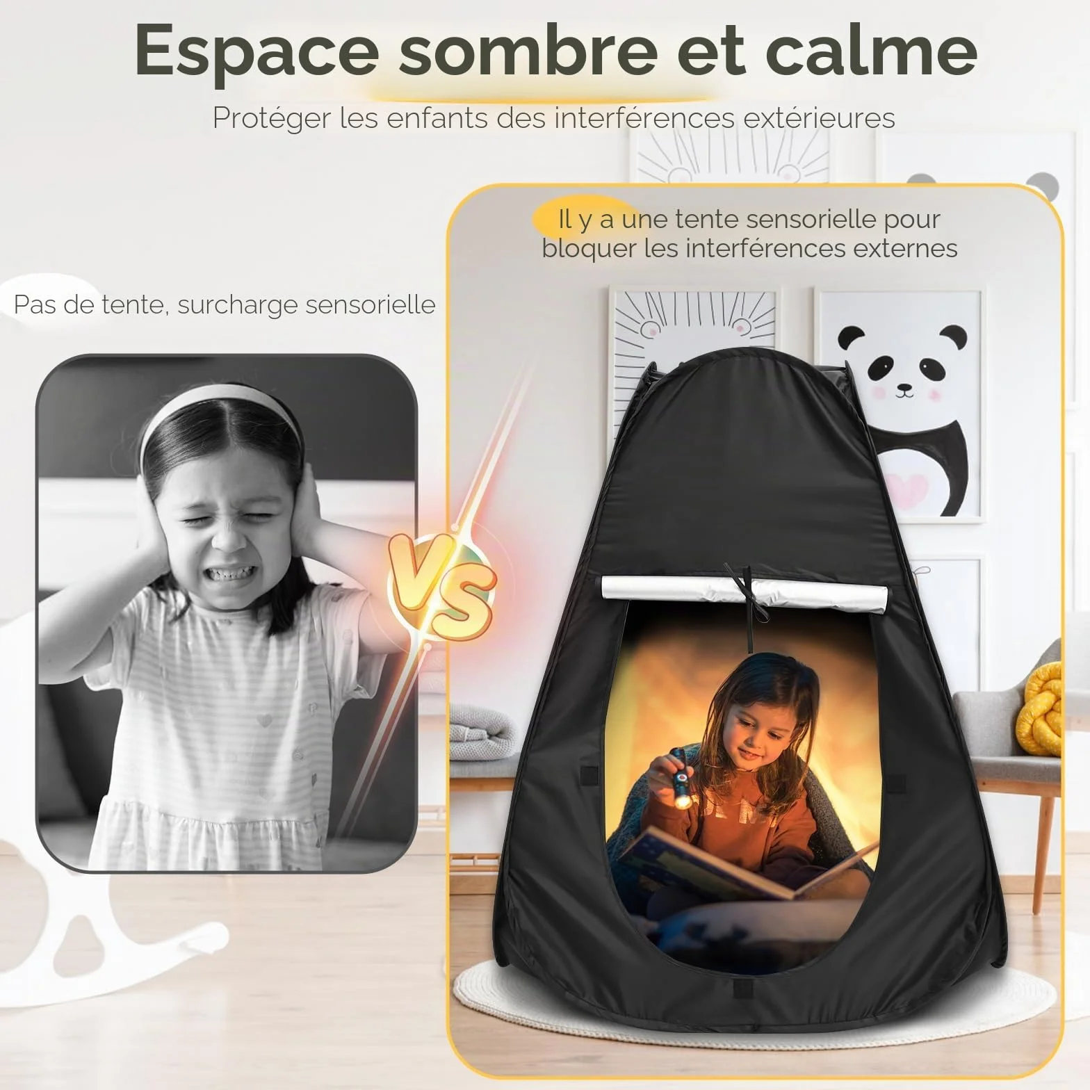 Tente sensorielle pop-up noire pour autisme anxiété SPD voyage maison école