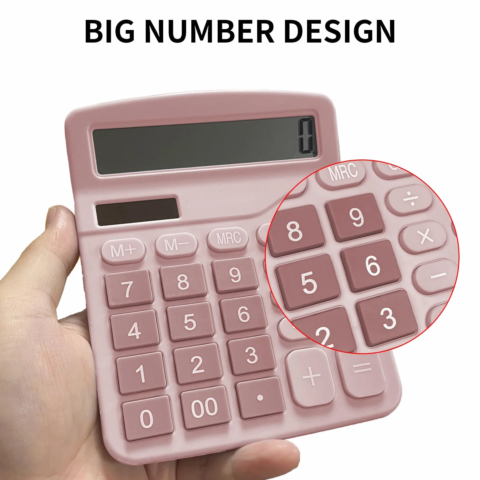 Calculatrice Solaire Grand Écran LCD 12 Chiffres, Mini Calculatrice Standard, Grands Boutons, Rose