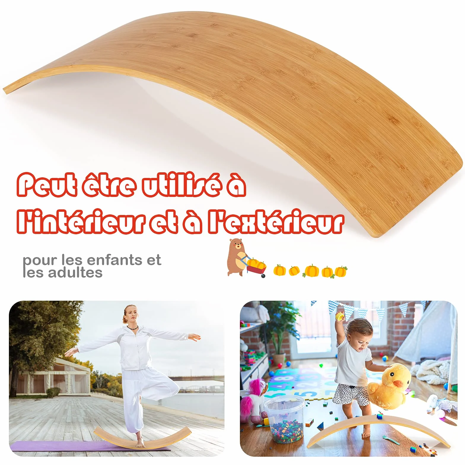 COSTWAY 6 en 1 Planche d'Équilibre Enfant en Bois, Balance Board Incurvé, Charge 150kg, 90,5 x 29,5cm