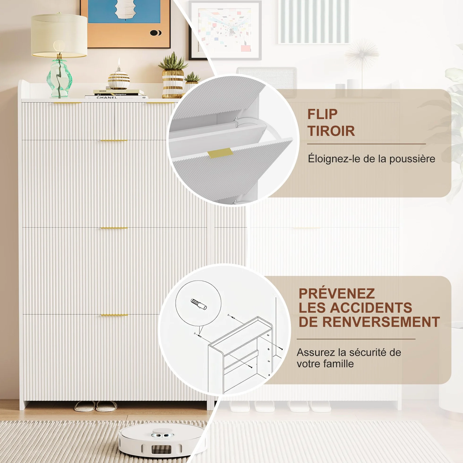 Armoire à Chaussures 15-20 Paires 3 Tiroirs Cloison Réglable 77x24x133.5 cm Blanc